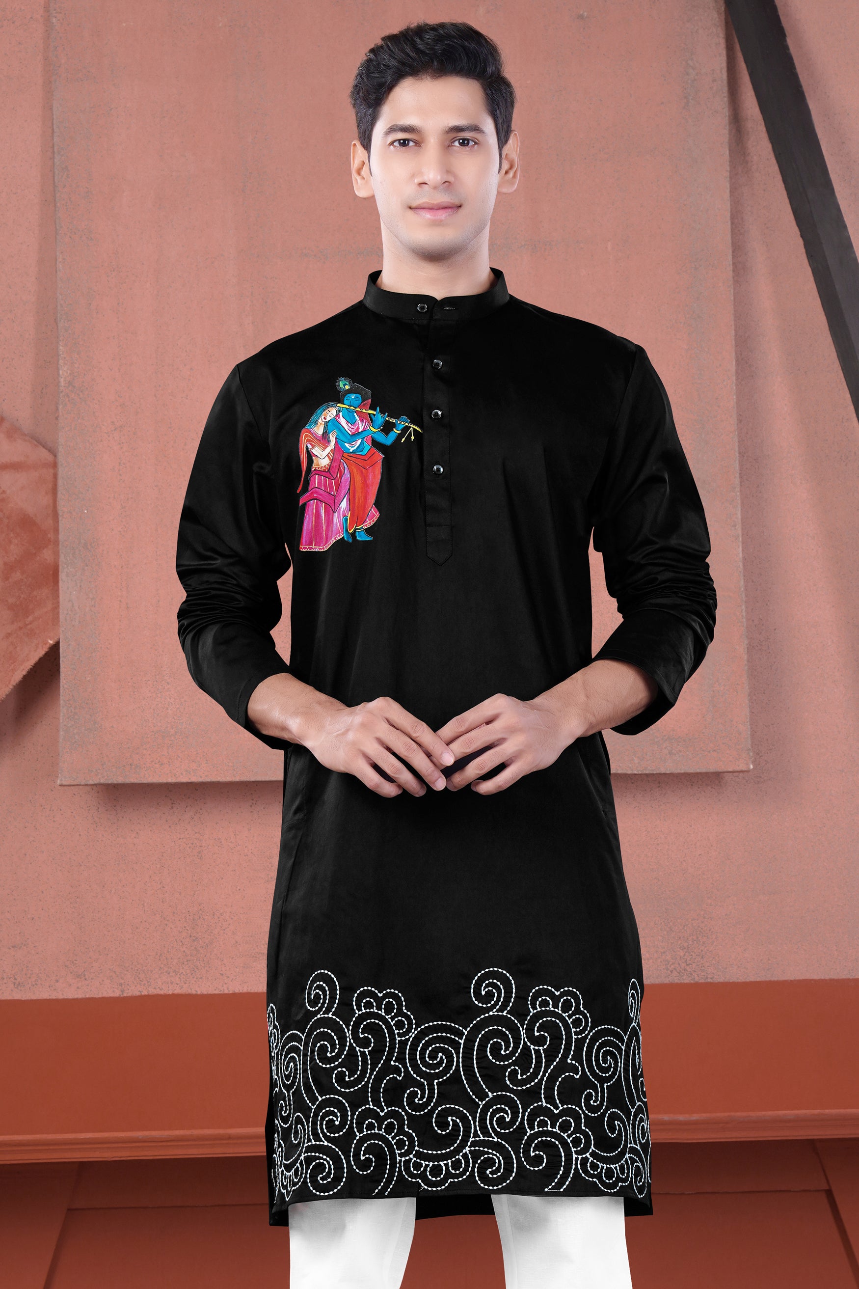Jade Black Radha Krisha Hand Painted Subtle Sheen Super Soft Premium Cotton Designer Kurta