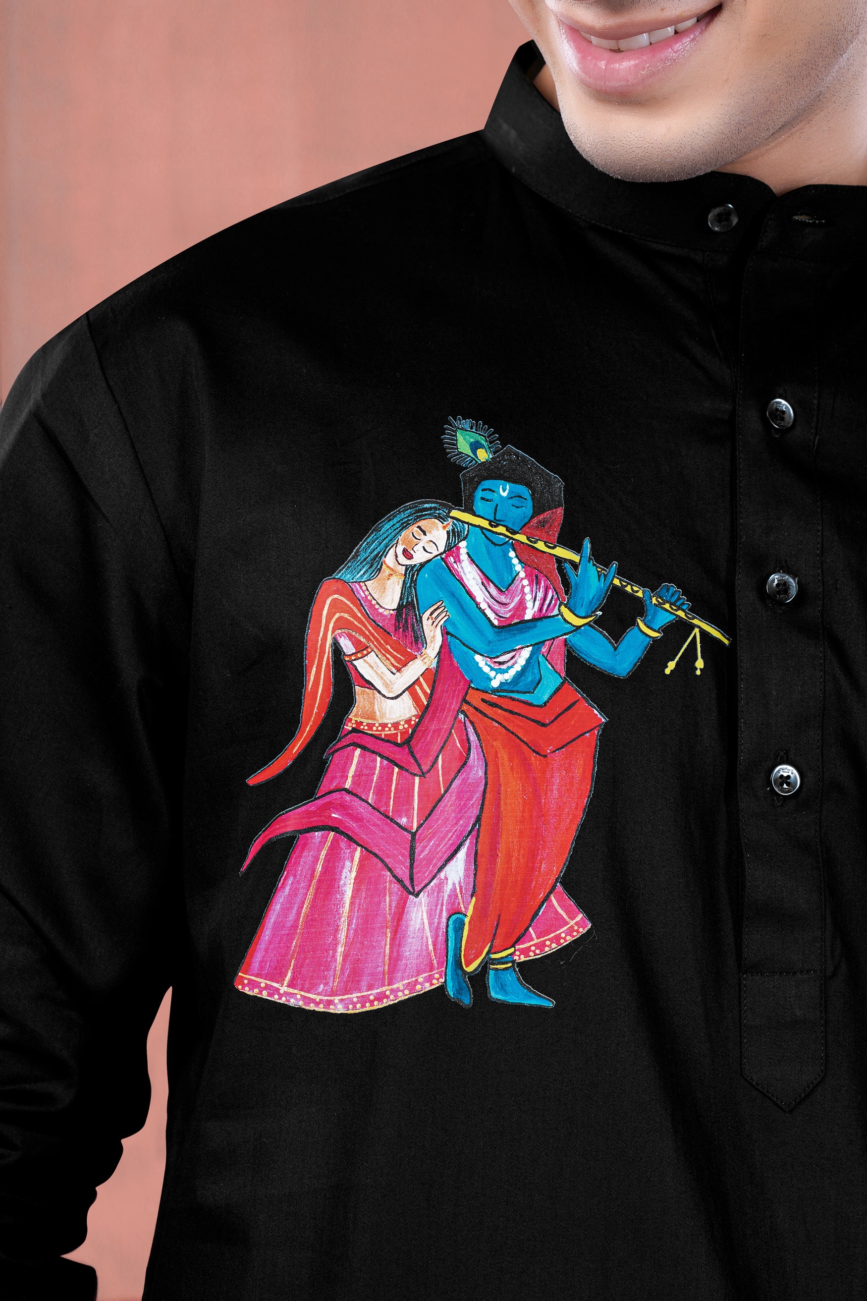 Jade Black Radha Krisha Hand Painted Subtle Sheen Super Soft Premium Cotton Designer Kurta