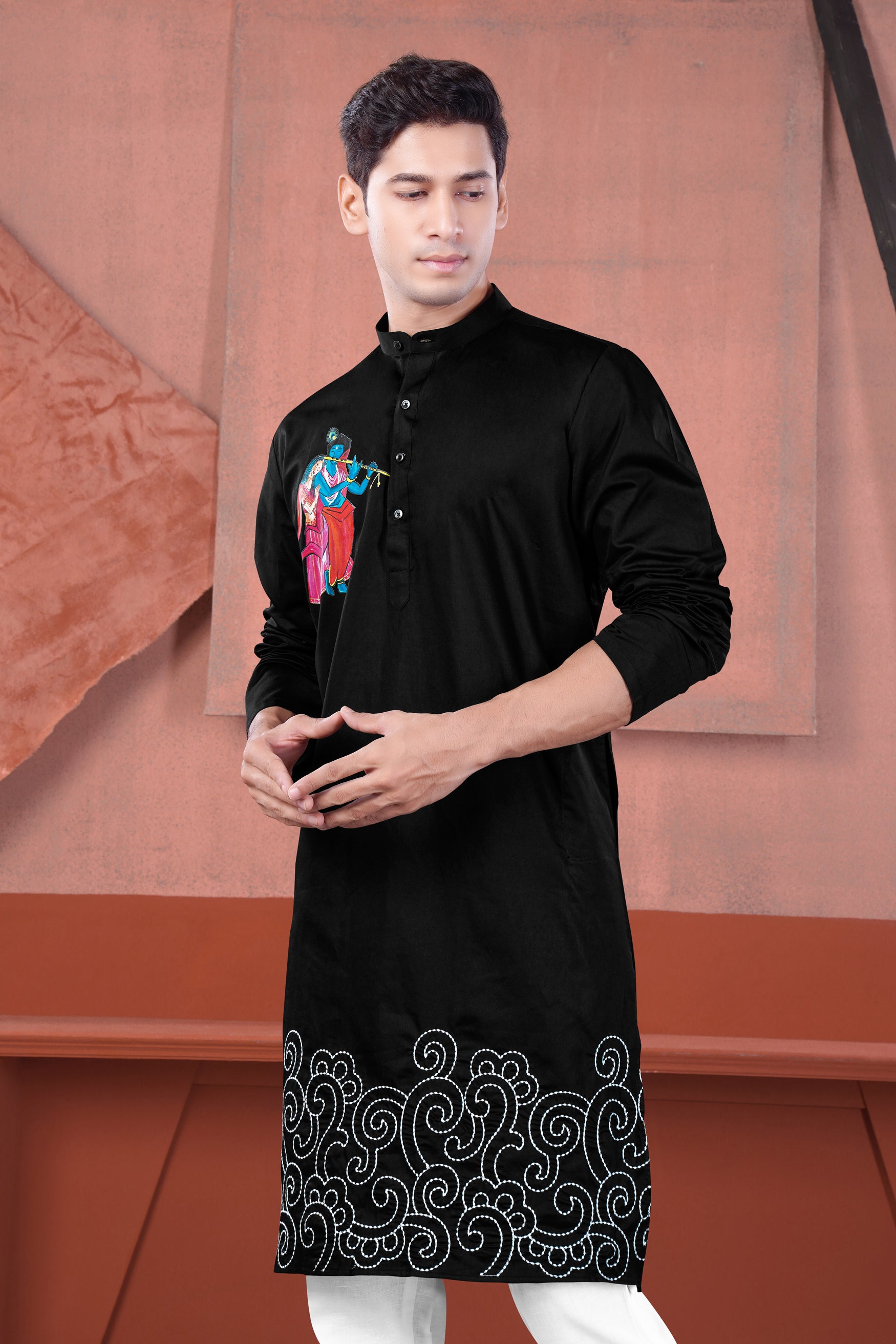 Jade Black Radha Krisha Hand Painted Subtle Sheen Super Soft Premium Cotton Designer Kurta