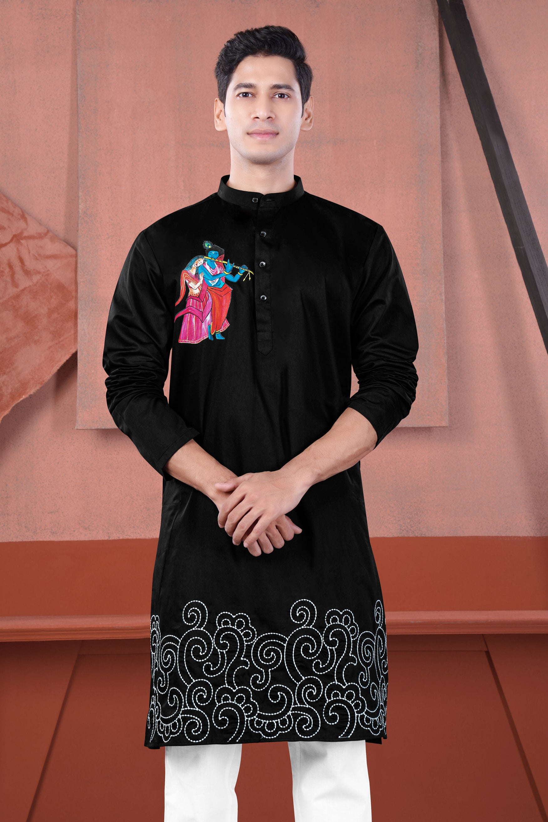 Jade Black Radha Krisha Hand Painted Subtle Sheen Super Soft Premium Cotton Designer Kurta