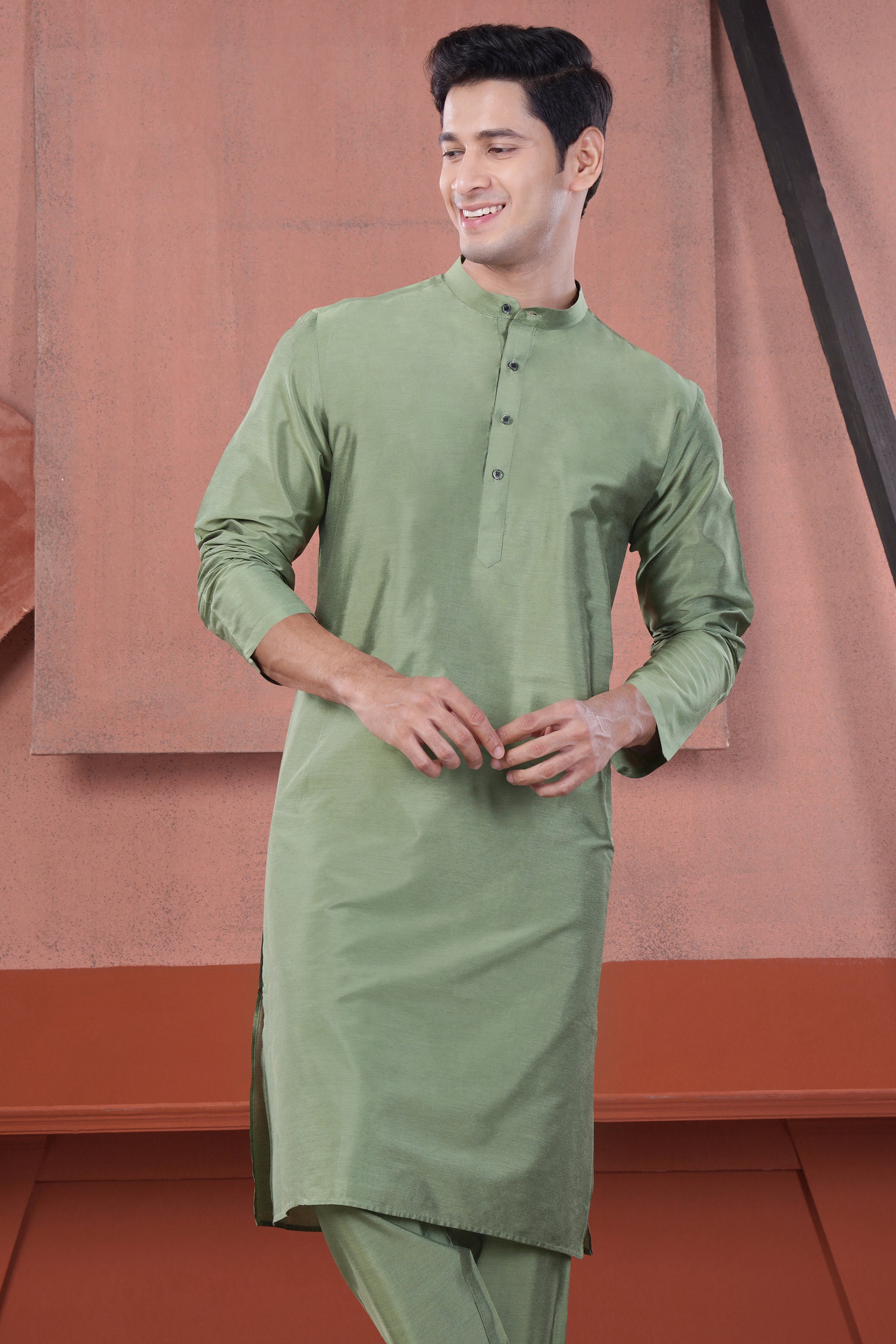 Olive Green Subtle Sheen Viscose Kurta