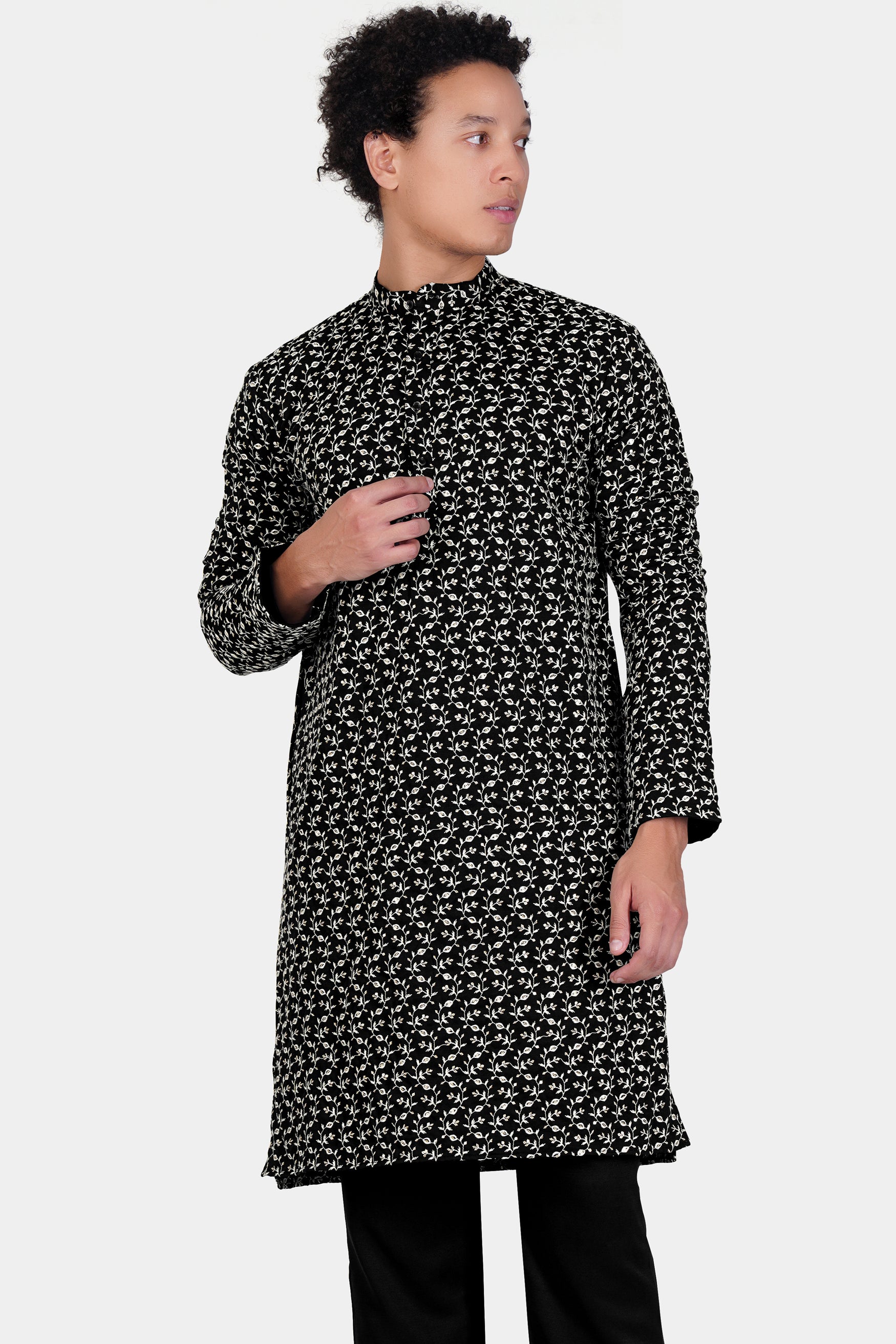 Jade Black Ditsy Pattern Thread and Sequin Embroidered Subtle Sheen Viscose Designer Kurta