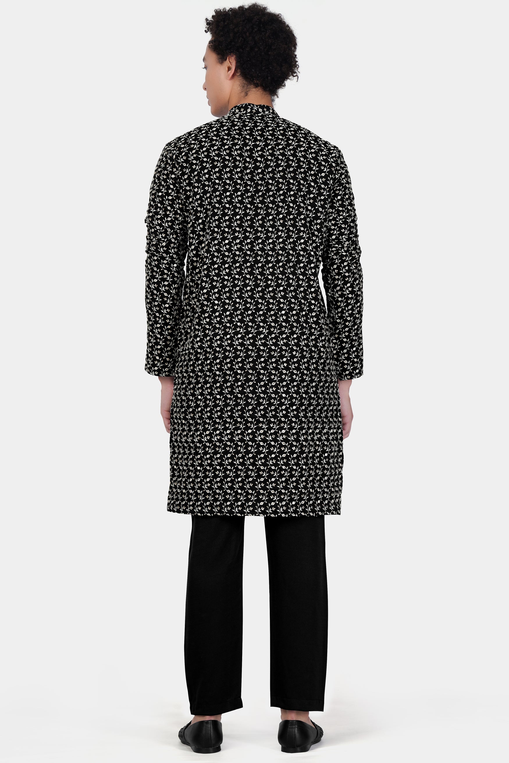 Jade Black Ditsy Pattern Thread and Sequin Embroidered Subtle Sheen Viscose Designer Kurta