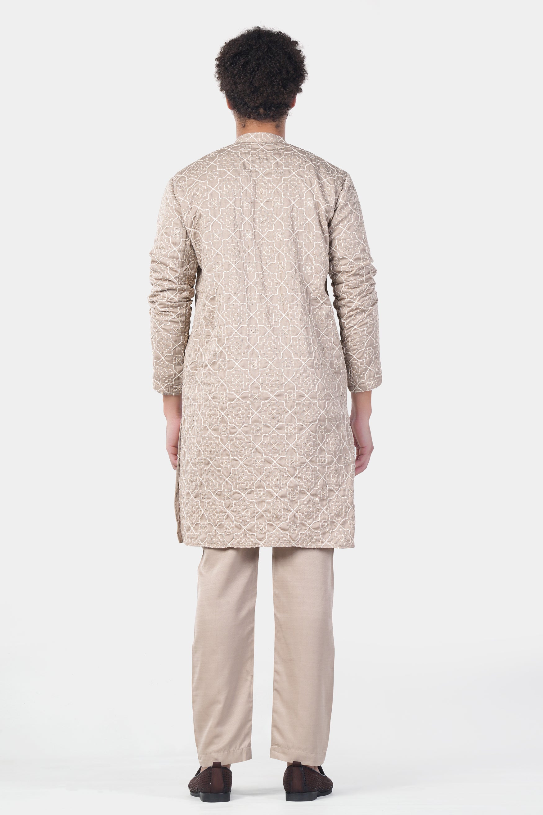 Chalice Brown and White Trellis Pattern Thread and Sequin Embroidered Subtle Sheen Viscose Designer Kurta