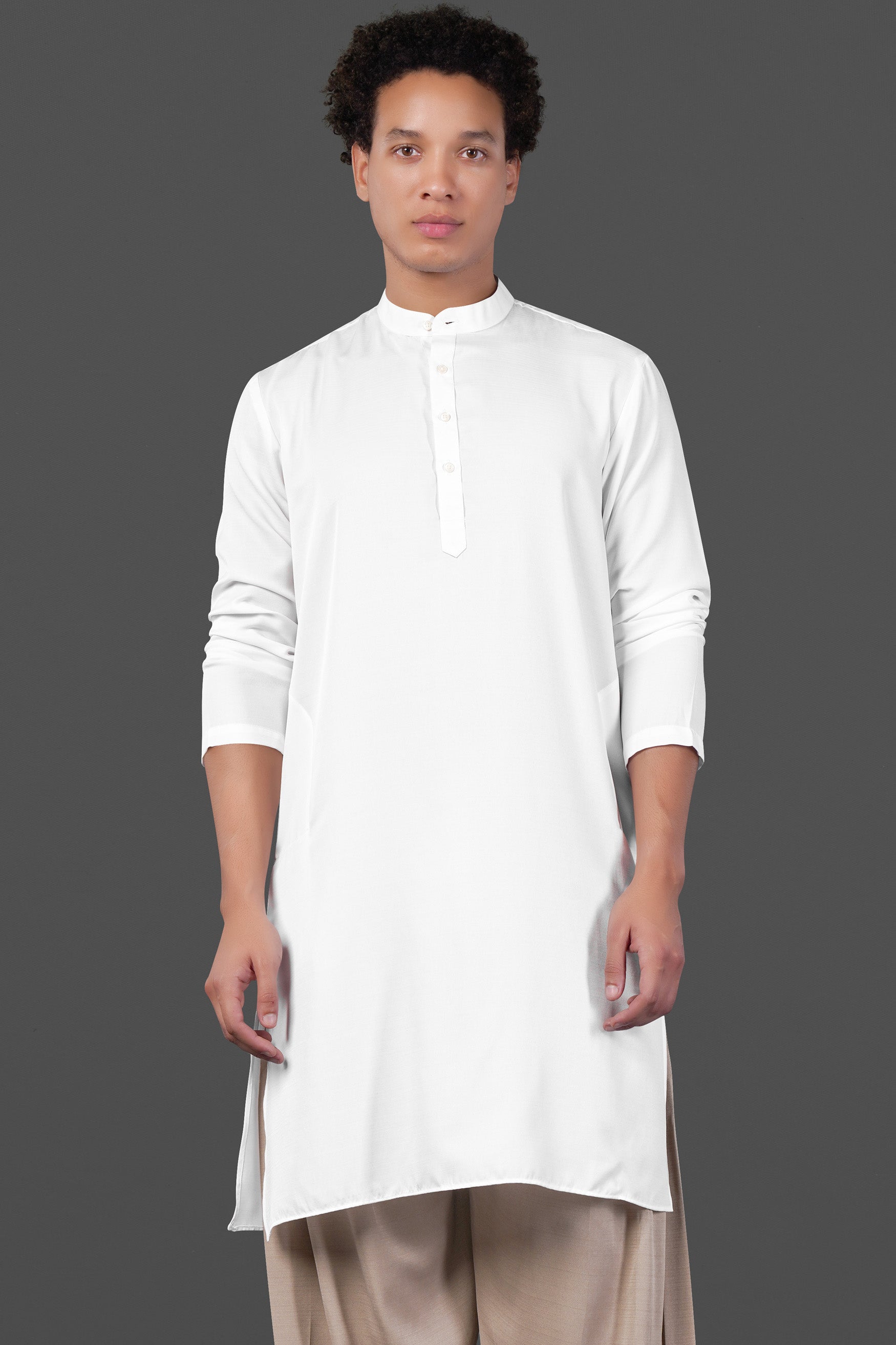 Bright White and Bronco Brown Viscose Kurta
