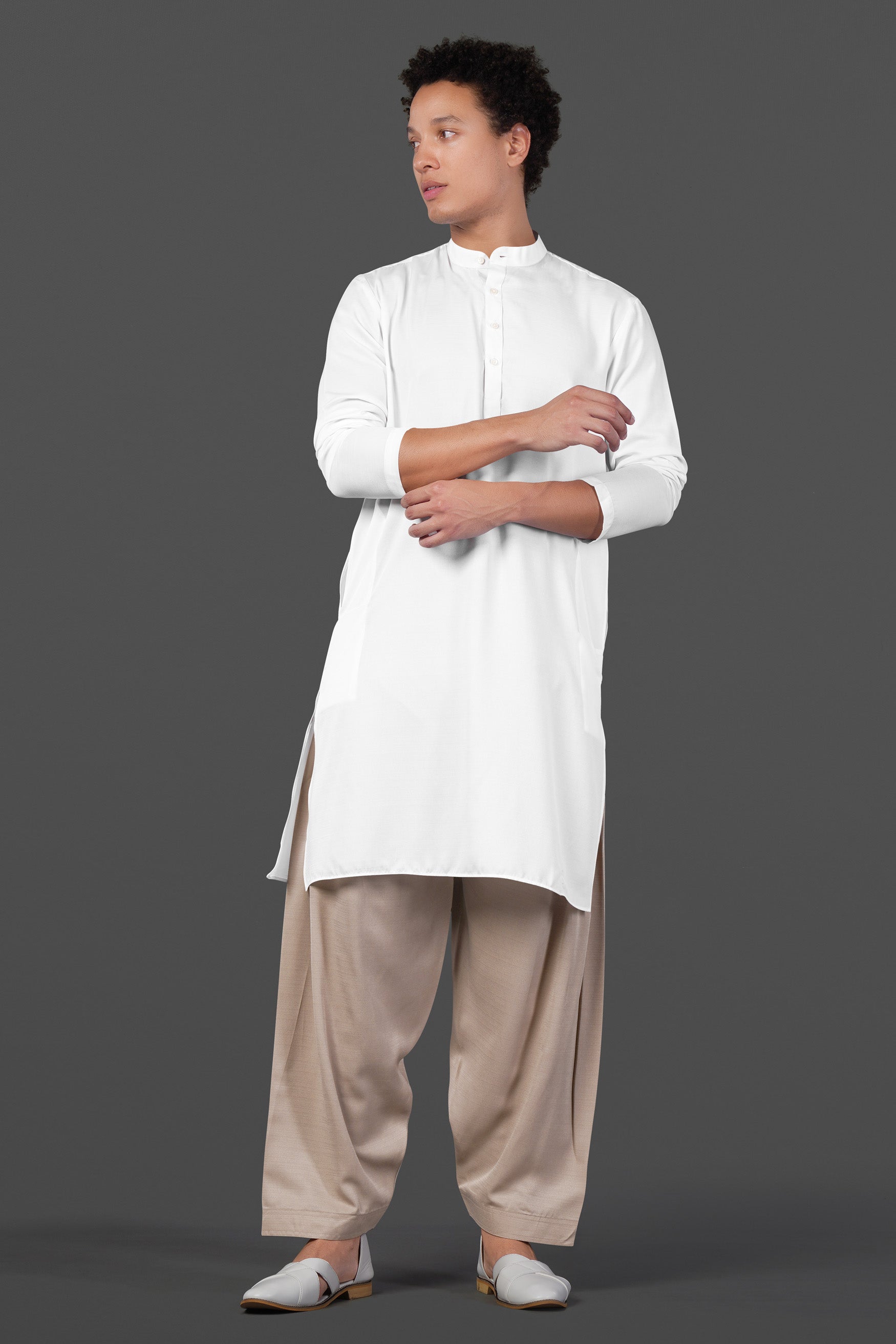 Bright White and Bronco Brown Viscose Kurta