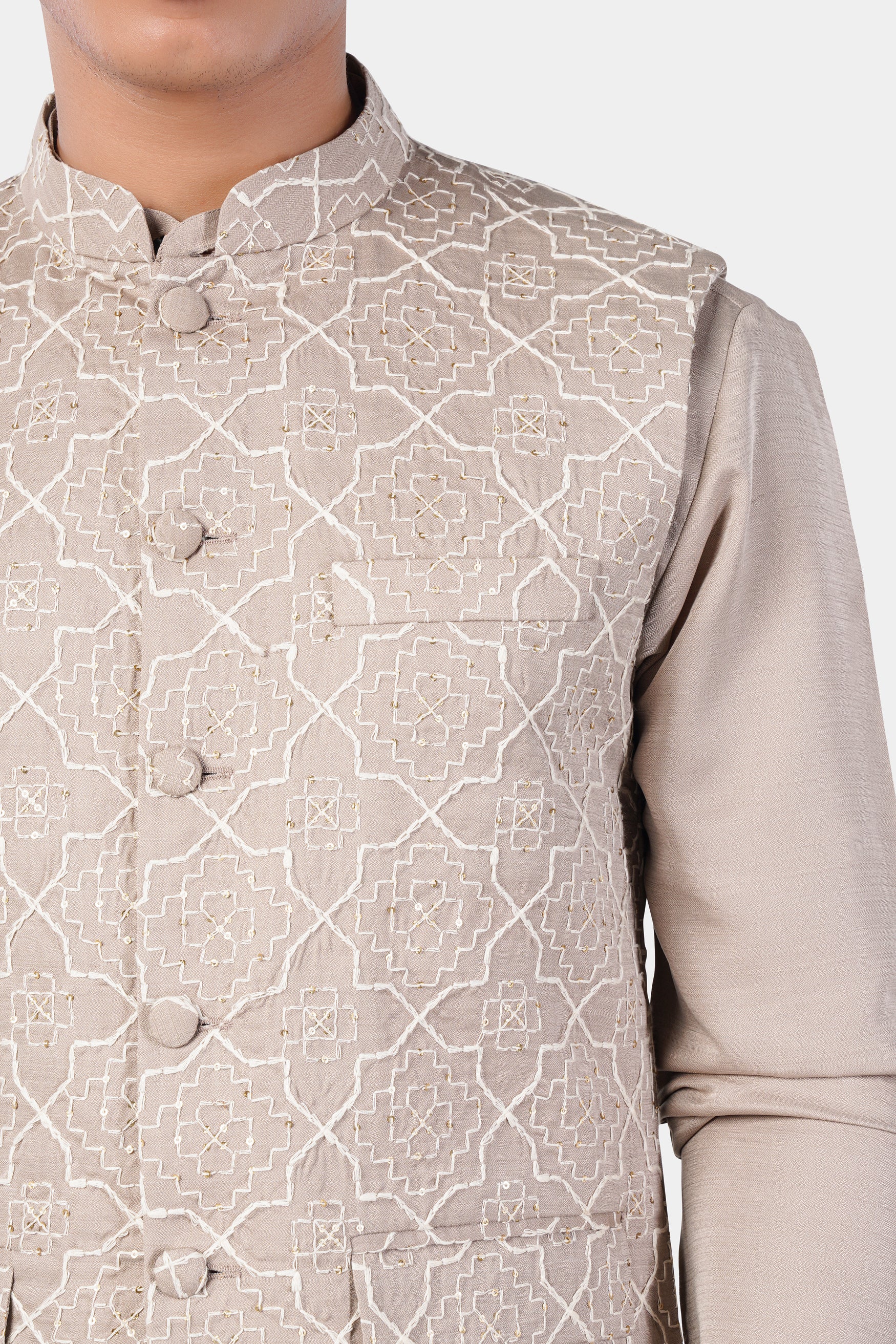 Chalice Brown Subtle Sheen Viscose Kurta Set with Trellis Pattern Thread and Sequin Embroidered Designer Nehru Jacket KPNJ254-FB-44,  KPNJ254-FB-46,  KPNJ254-FB-48,  KPNJ254-FB-50,  KPNJ254-FB-52,  KPNJ254-FB-54,  KPNJ254-FB-56,  KPNJ254-FB-58,  KPNJ254-FB-60