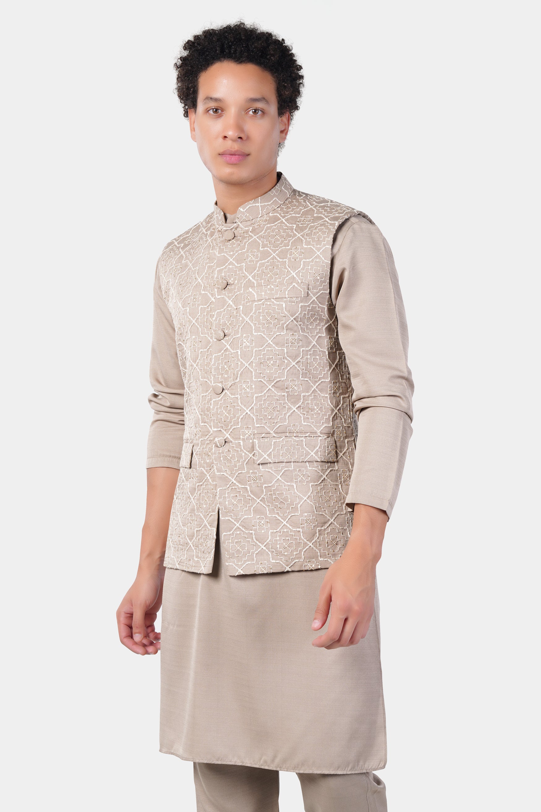 Chalice Brown Subtle Sheen Viscose Kurta Set with Trellis Pattern Thread and Sequin Embroidered Designer Nehru Jacket KPNJ254-FB-44,  KPNJ254-FB-46,  KPNJ254-FB-48,  KPNJ254-FB-50,  KPNJ254-FB-52,  KPNJ254-FB-54,  KPNJ254-FB-56,  KPNJ254-FB-58,  KPNJ254-FB-60