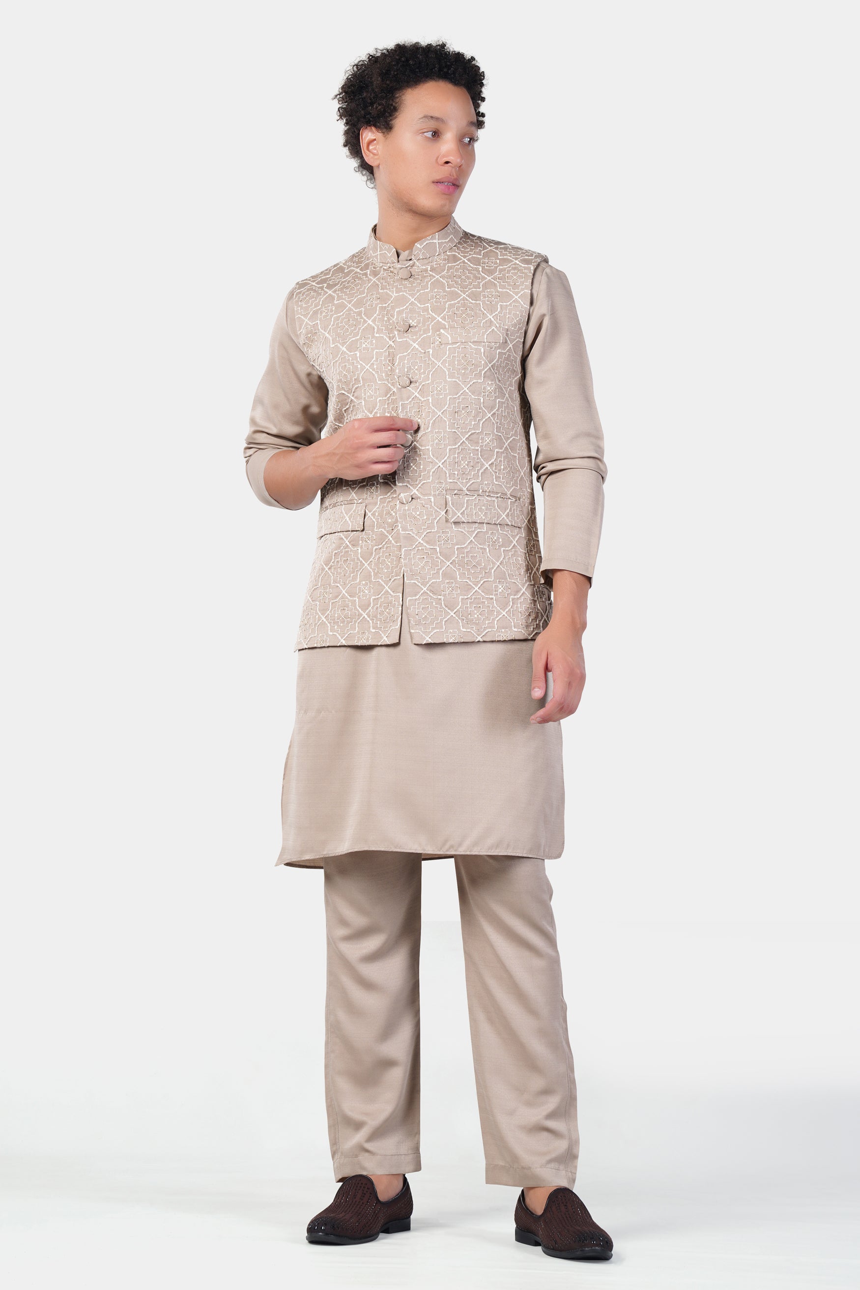 Chalice Brown Subtle Sheen Viscose Kurta Set with Trellis Pattern Thread and Sequin Embroidered Designer Nehru Jacket KPNJ254-FB-44,  KPNJ254-FB-46,  KPNJ254-FB-48,  KPNJ254-FB-50,  KPNJ254-FB-52,  KPNJ254-FB-54,  KPNJ254-FB-56,  KPNJ254-FB-58,  KPNJ254-FB-60