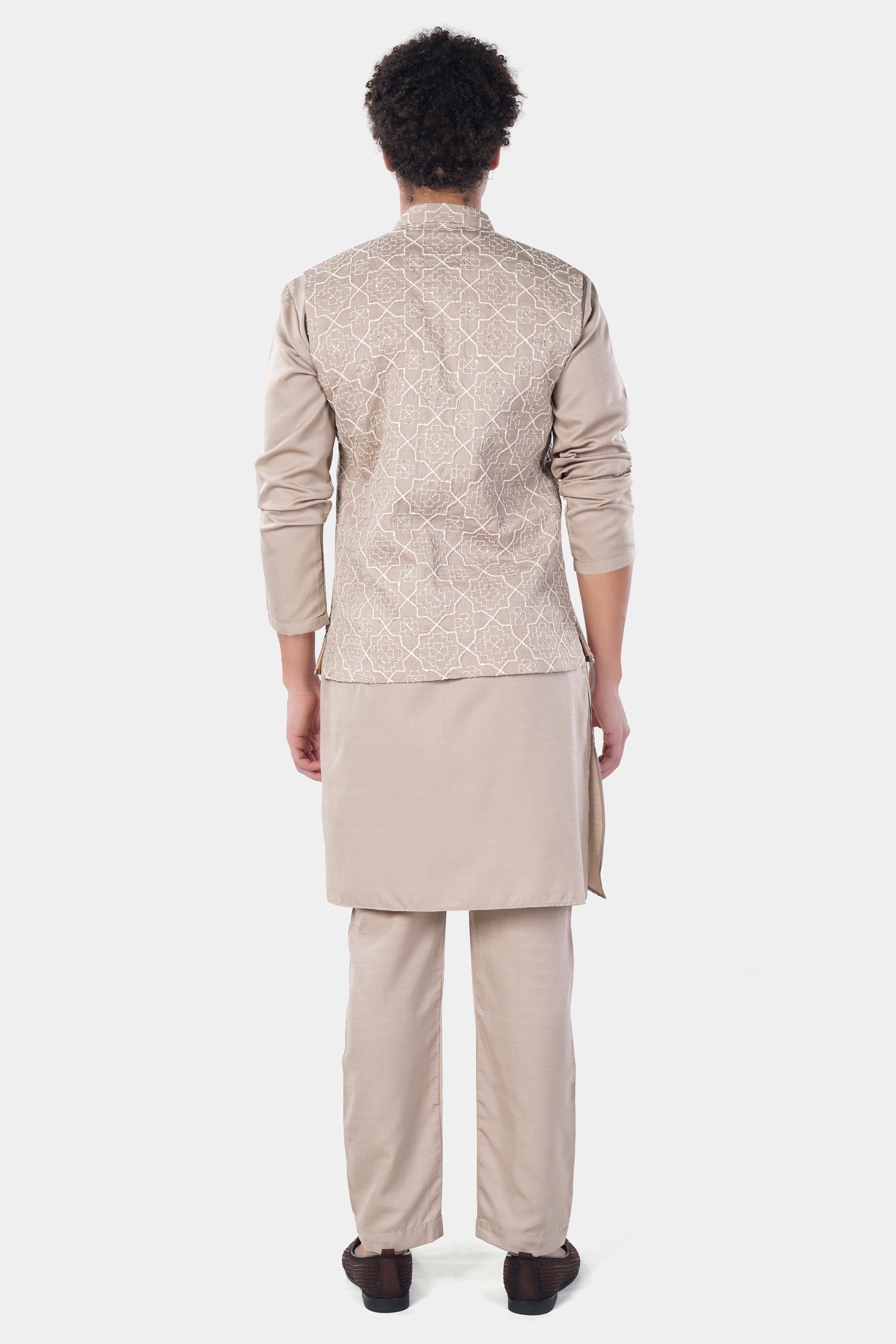 Chalice Brown Subtle Sheen Viscose Kurta Set with Trellis Pattern Thread and Sequin Embroidered Designer Nehru Jacket KPNJ254-FB-44,  KPNJ254-FB-46,  KPNJ254-FB-48,  KPNJ254-FB-50,  KPNJ254-FB-52,  KPNJ254-FB-54,  KPNJ254-FB-56,  KPNJ254-FB-58,  KPNJ254-FB-60
