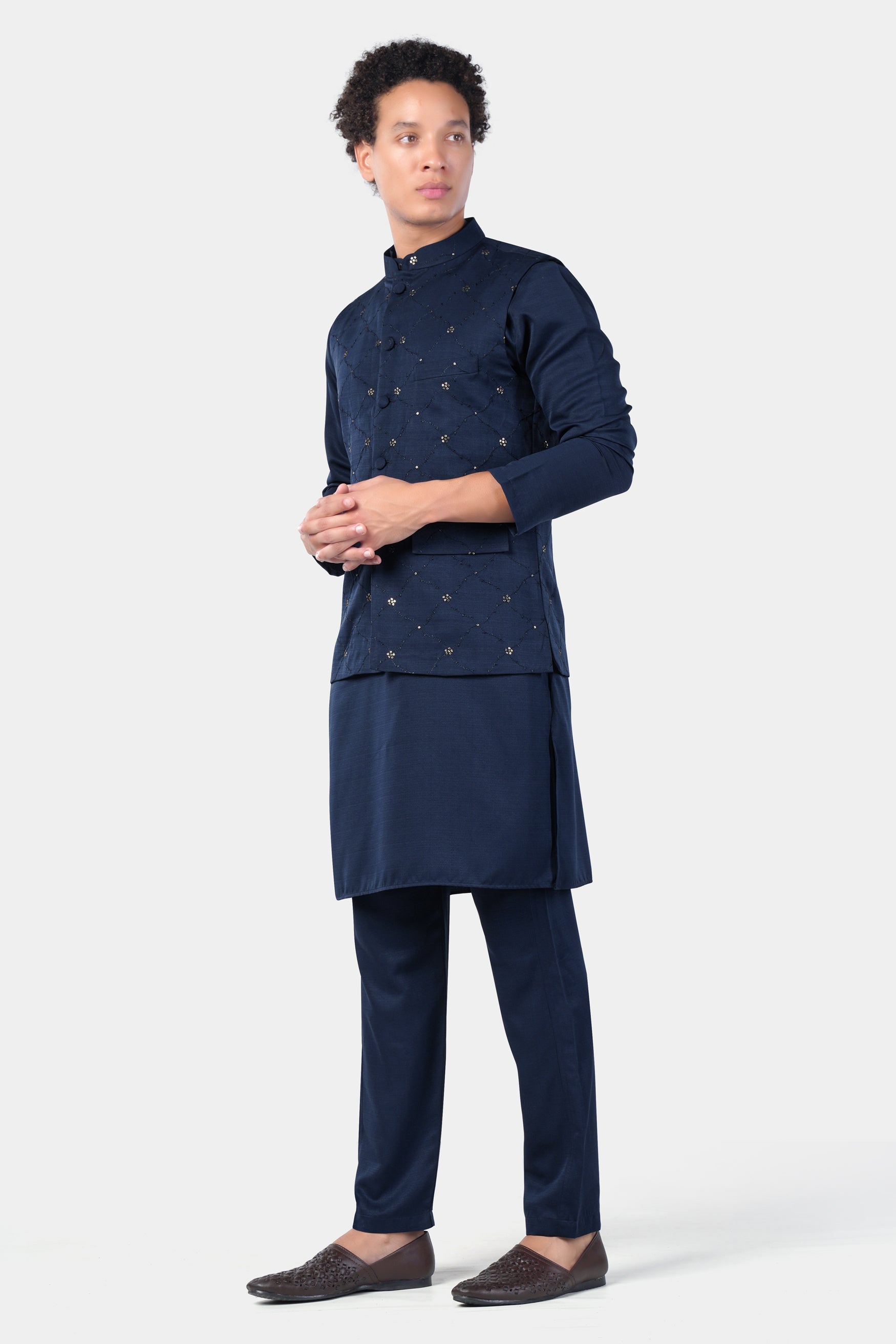 Mirage Blue Subtle Sheen Viscose Kurta Set With floral Thread and Sequin Embroidered Designer Nehru Jacket KPNJ256-FB-44, KPNJ256-FB-46, KPNJ256-FB-48, KPNJ256-FB-50, KPNJ256-FB-52, KPNJ256-FB-54, KPNJ256-FB-56, KPNJ256-FB-58, KPNJ256-FB-60