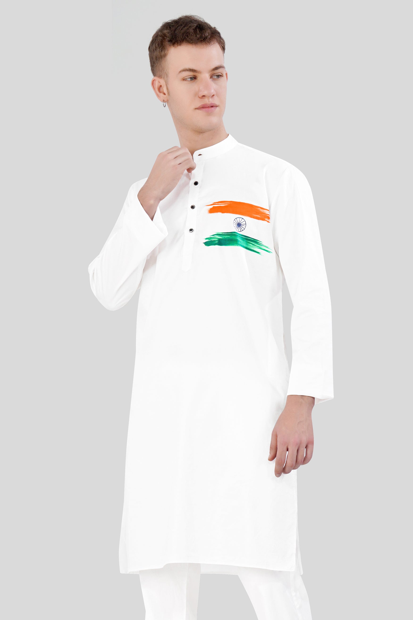 Bright White Tricolour Hand Painted Subtle Sheen Super Soft Premium Cotton Designer Kurta