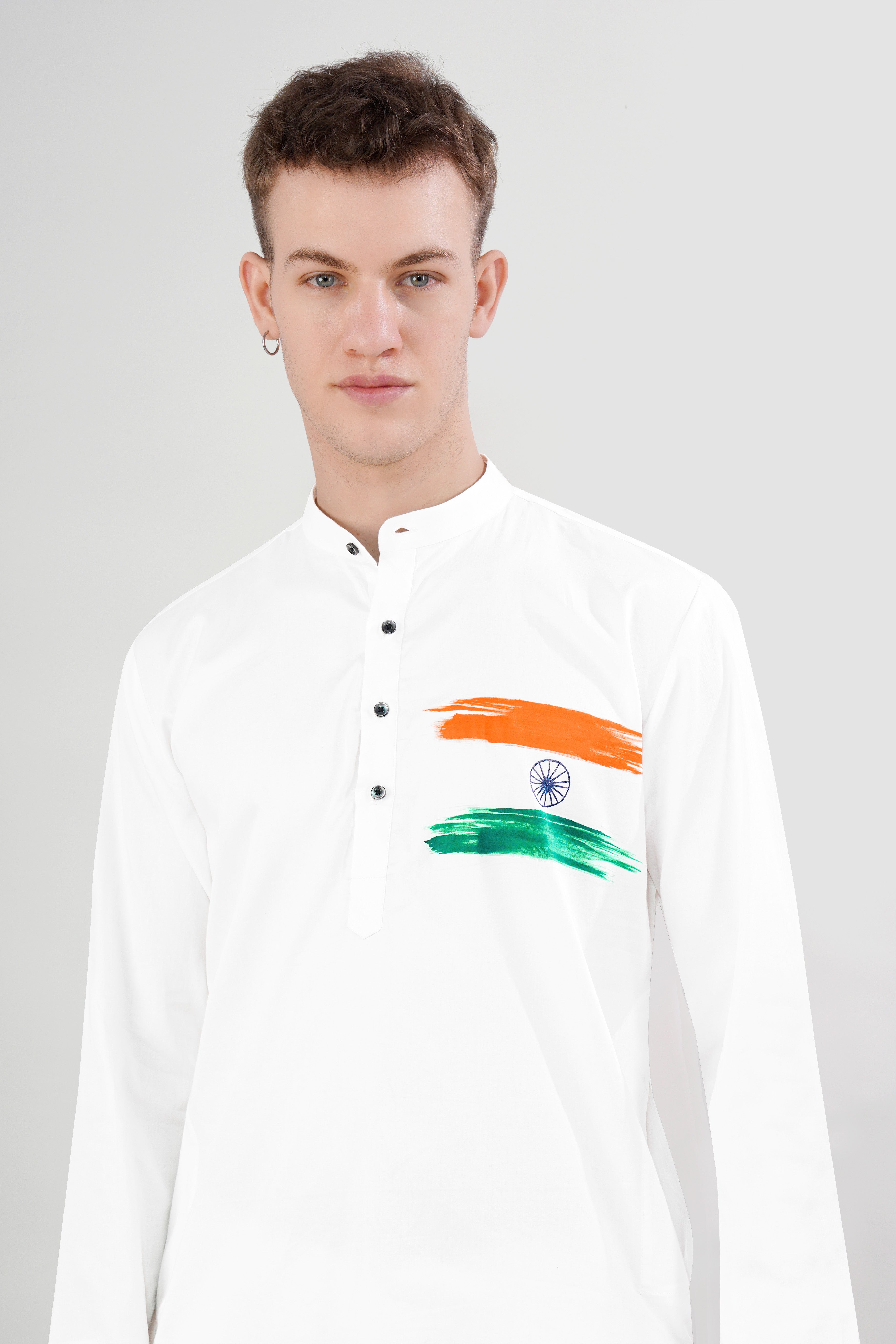 Bright White Tricolour Hand Painted Subtle Sheen Super Soft Premium Cotton Designer Kurta