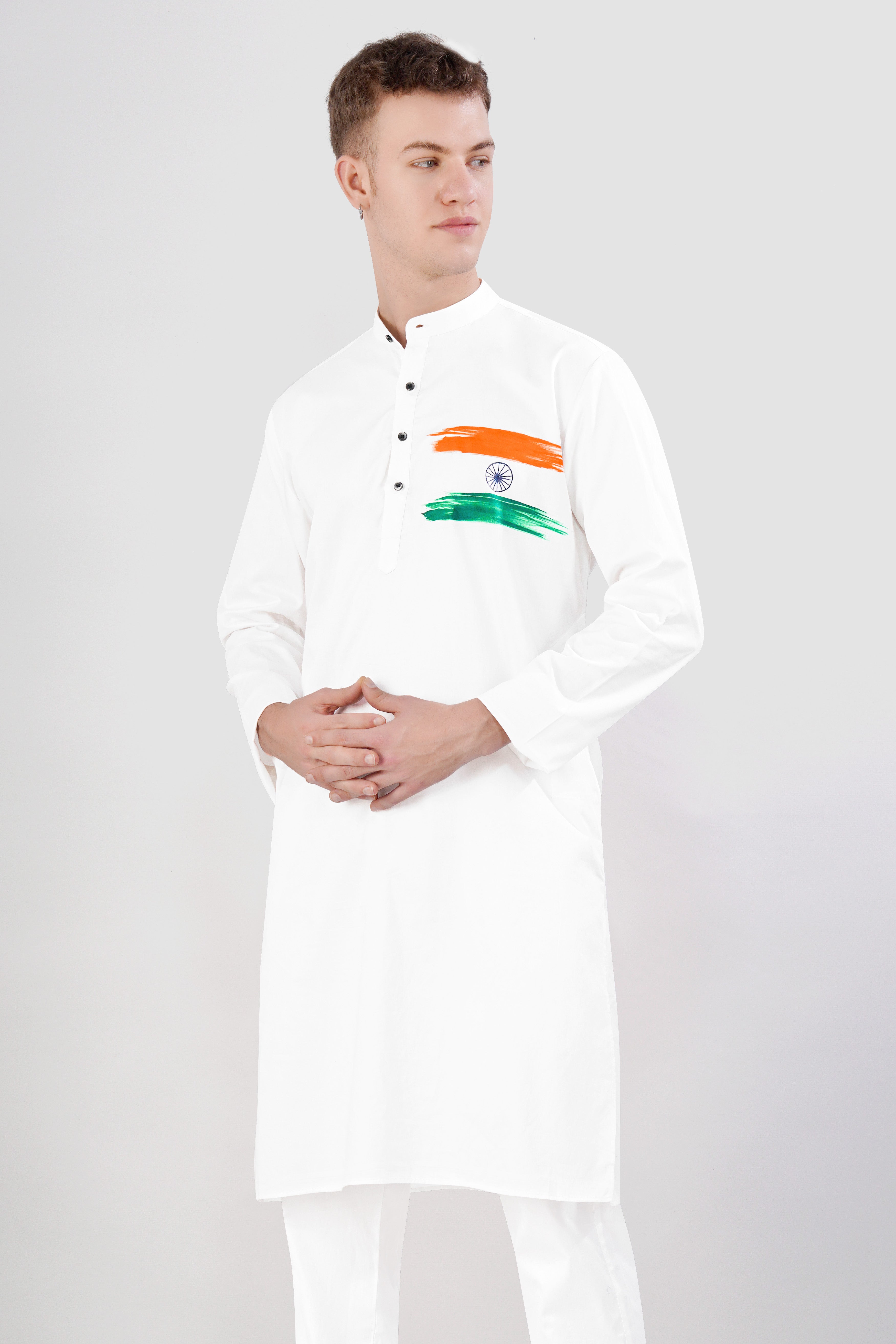 Bright White Tricolour Hand Painted Subtle Sheen Super Soft Premium Cotton Designer Kurta