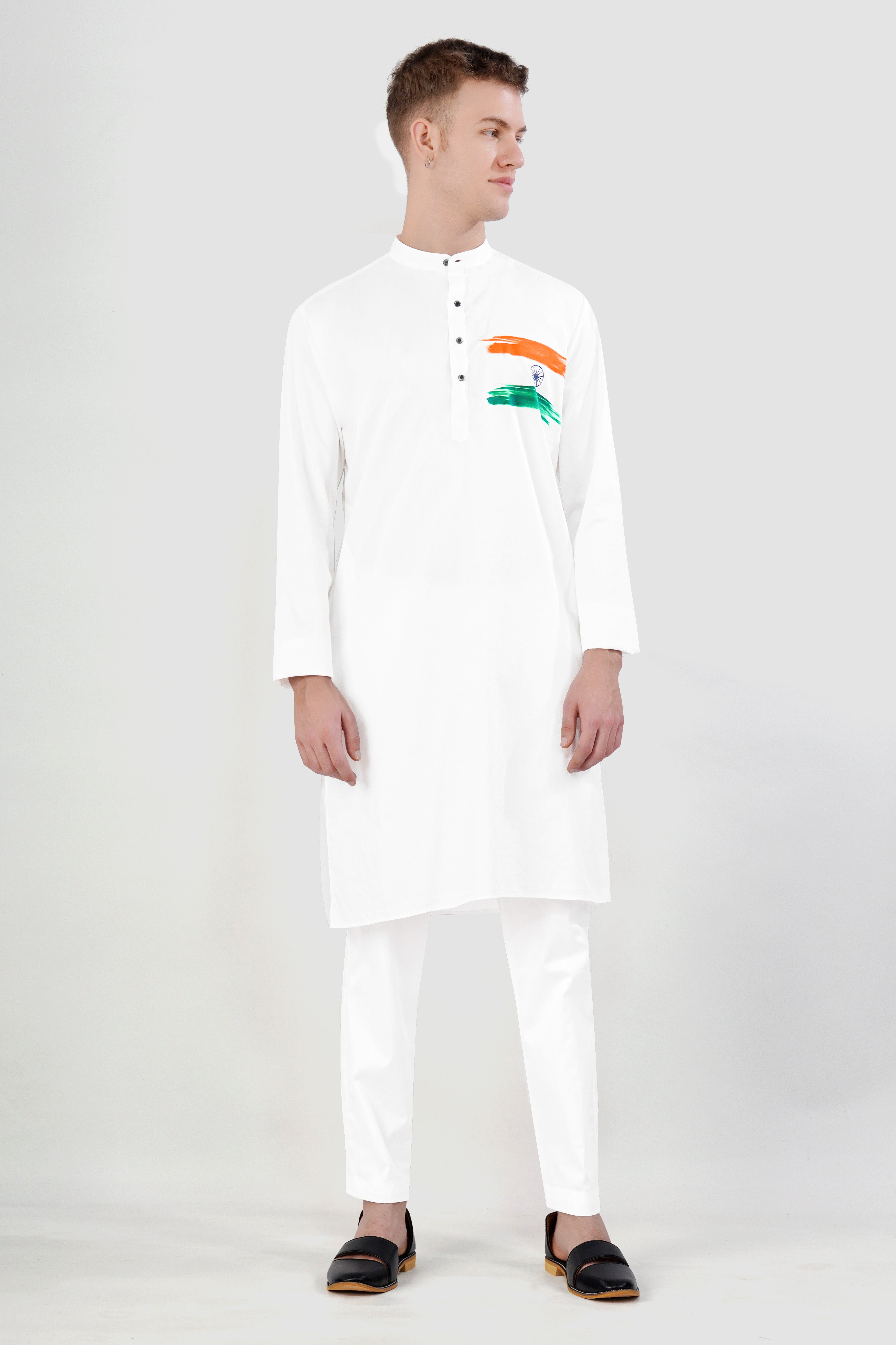 Bright White Tricolour Hand Painted Subtle Sheen Super Soft Premium Cotton Designer Kurta