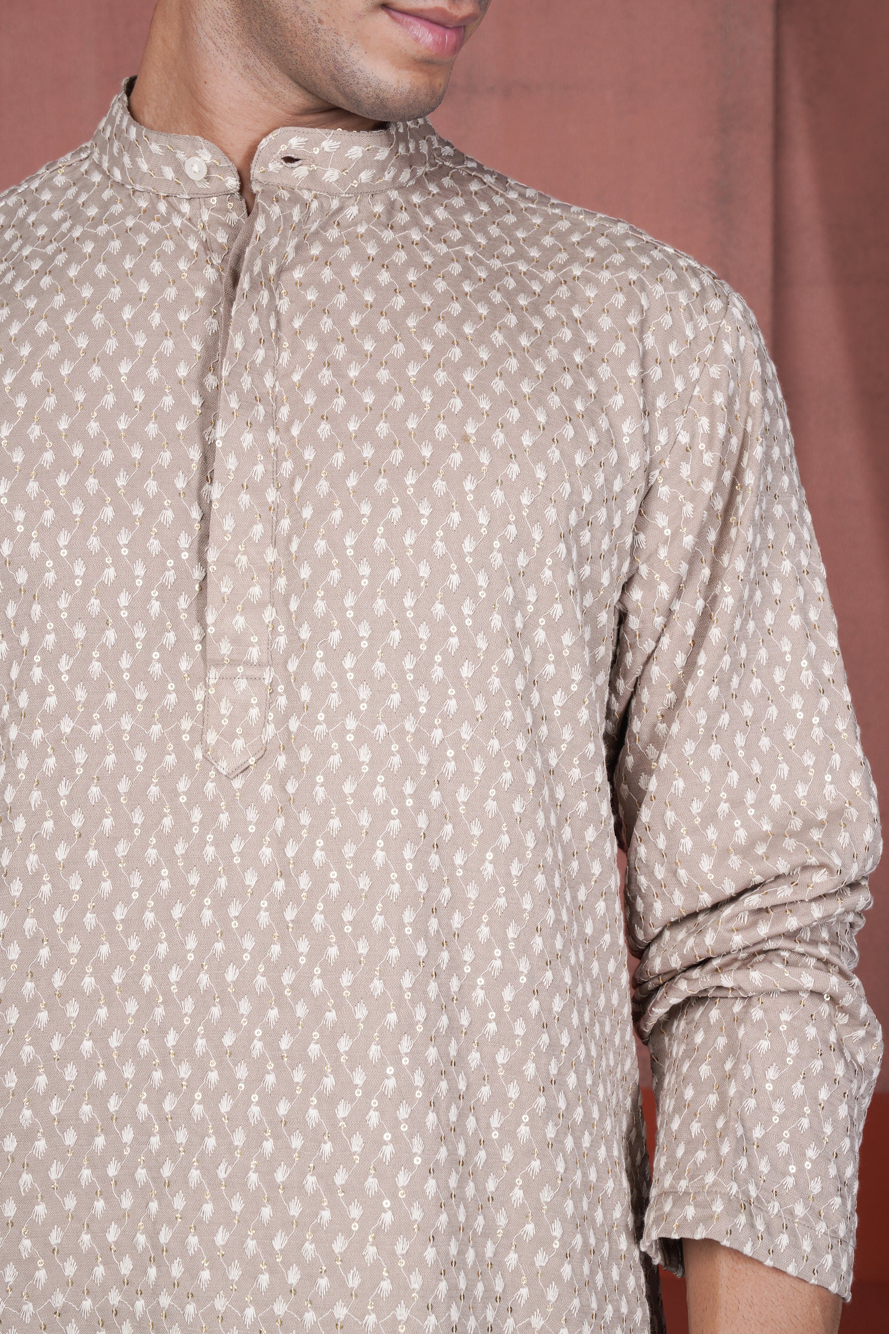 Clam Shell Brown Embroidered Viscose Designer Kurta Set