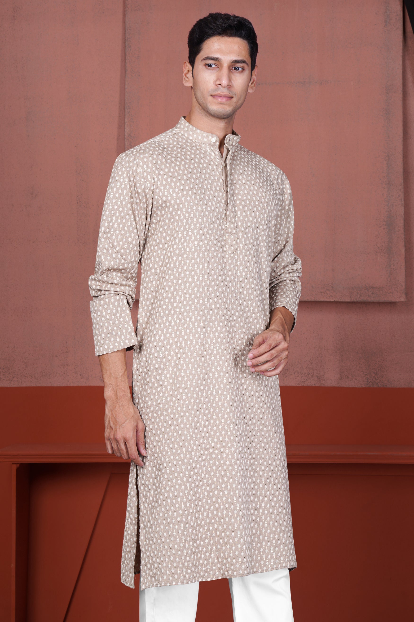 Clam Shell Brown Embroidered Viscose Designer Kurta Set