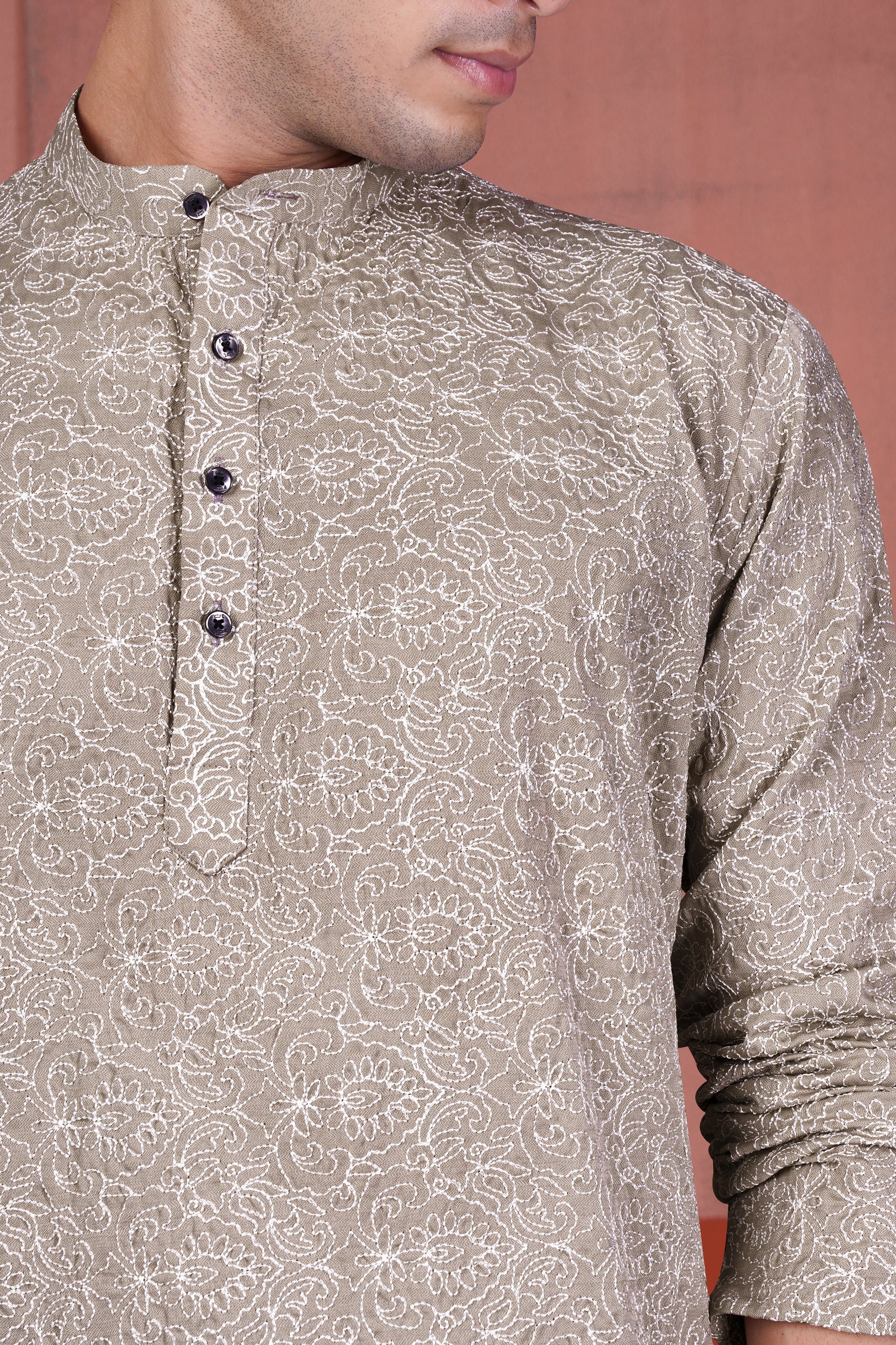 Dawn Brown Floral Cotton Thread Embroidered Viscose Designer Kurta Set