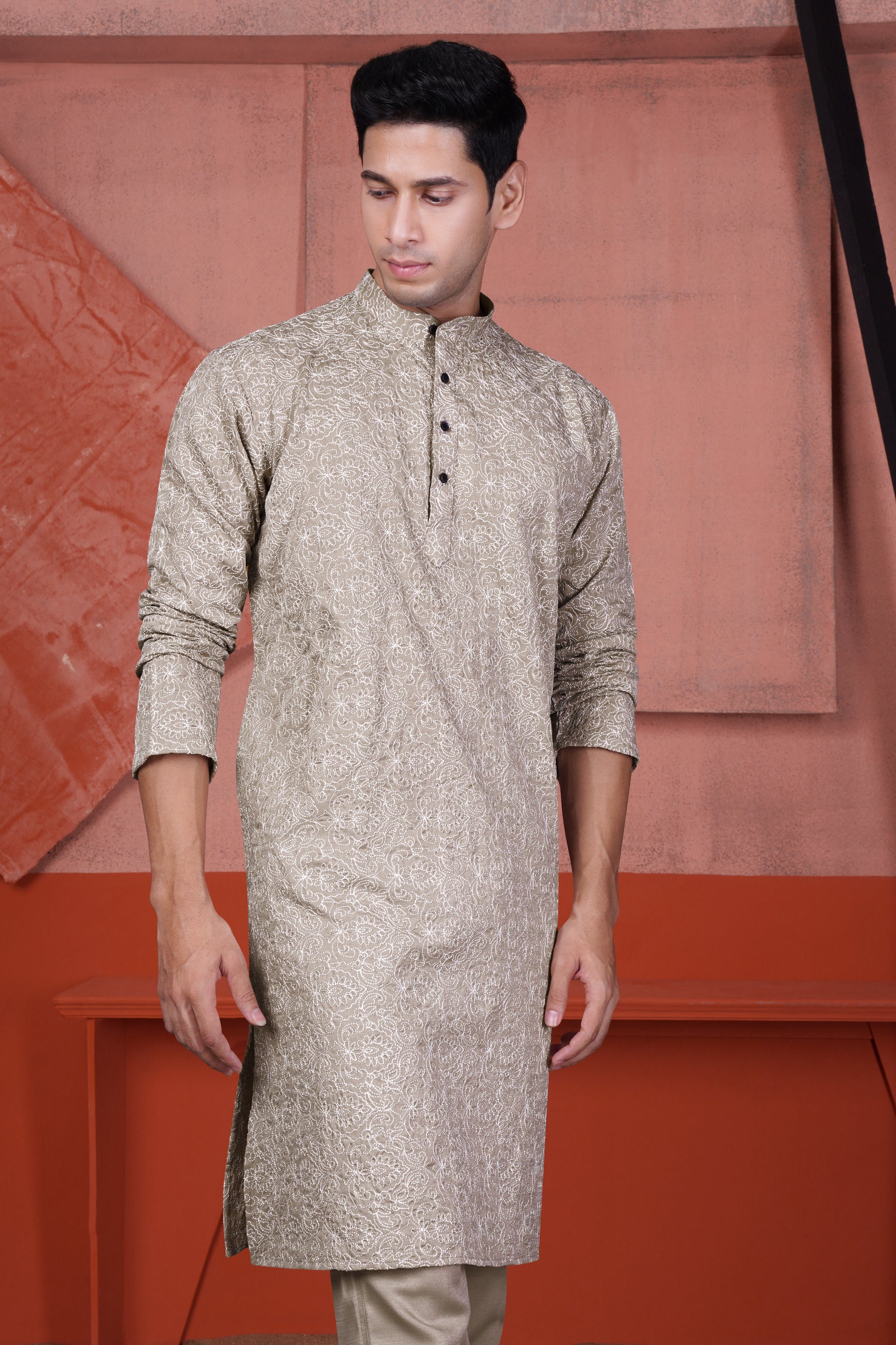 Dawn Brown Floral Cotton Thread Embroidered Viscose Designer Kurta Set