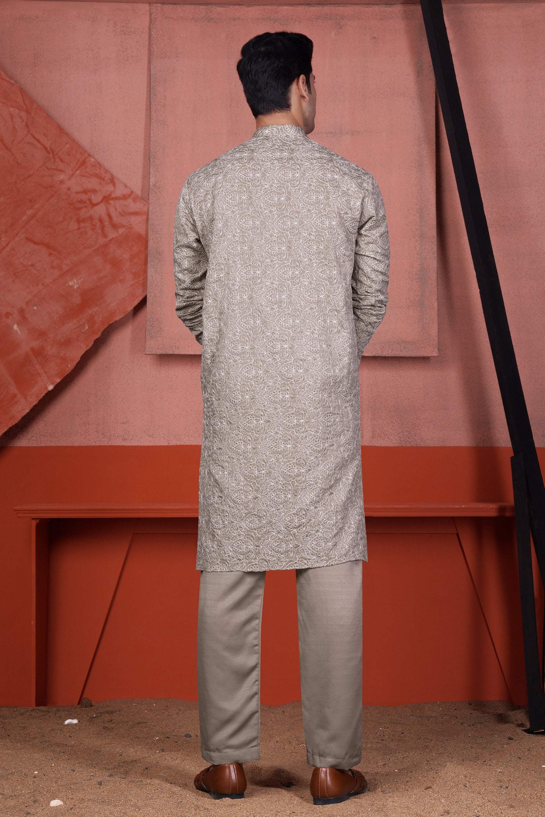 Dawn Brown Floral Cotton Thread Embroidered Viscose Designer Kurta Set