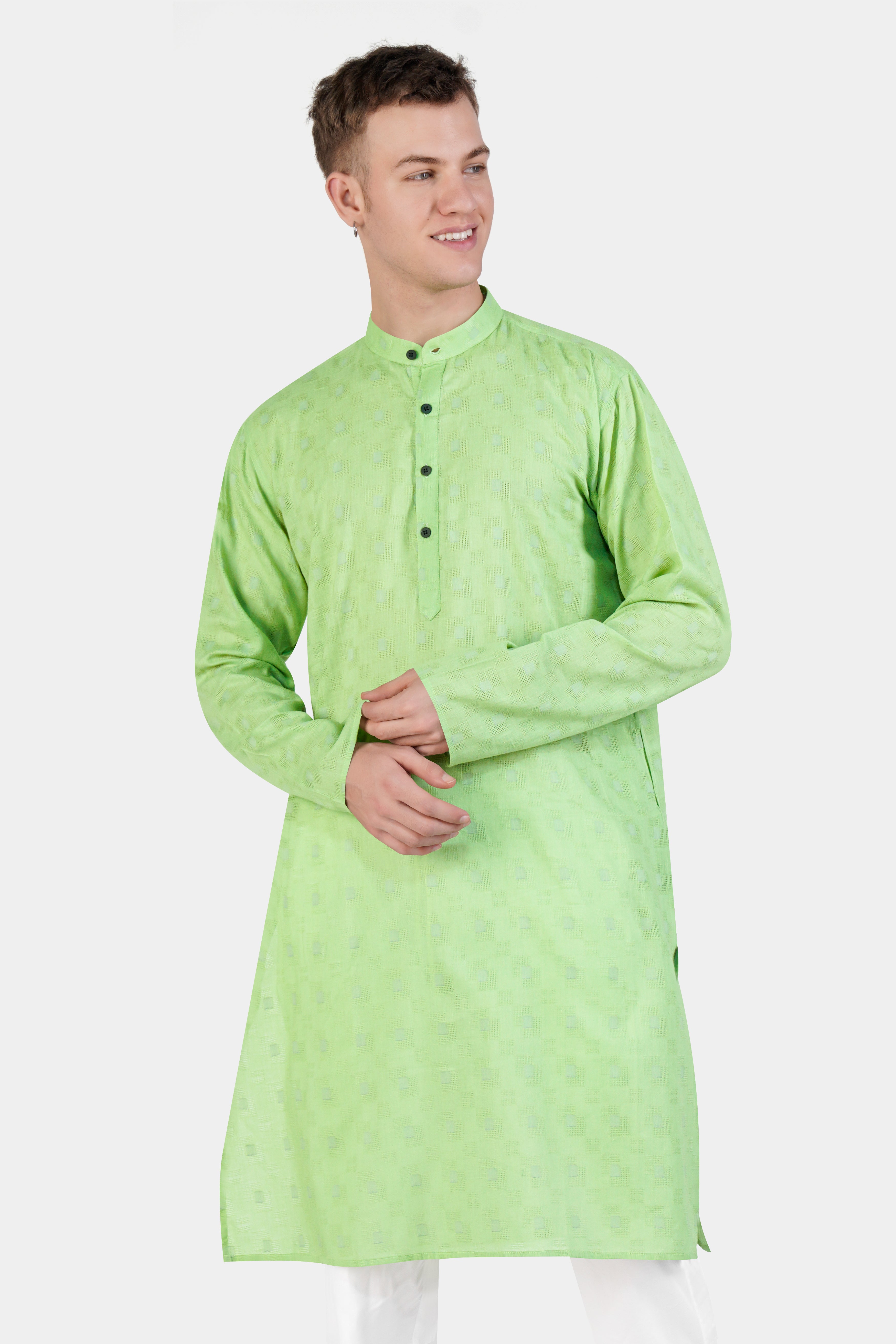 Pixie Green Geometric Dobby Textured Premium Giza Cotton Kurta Set