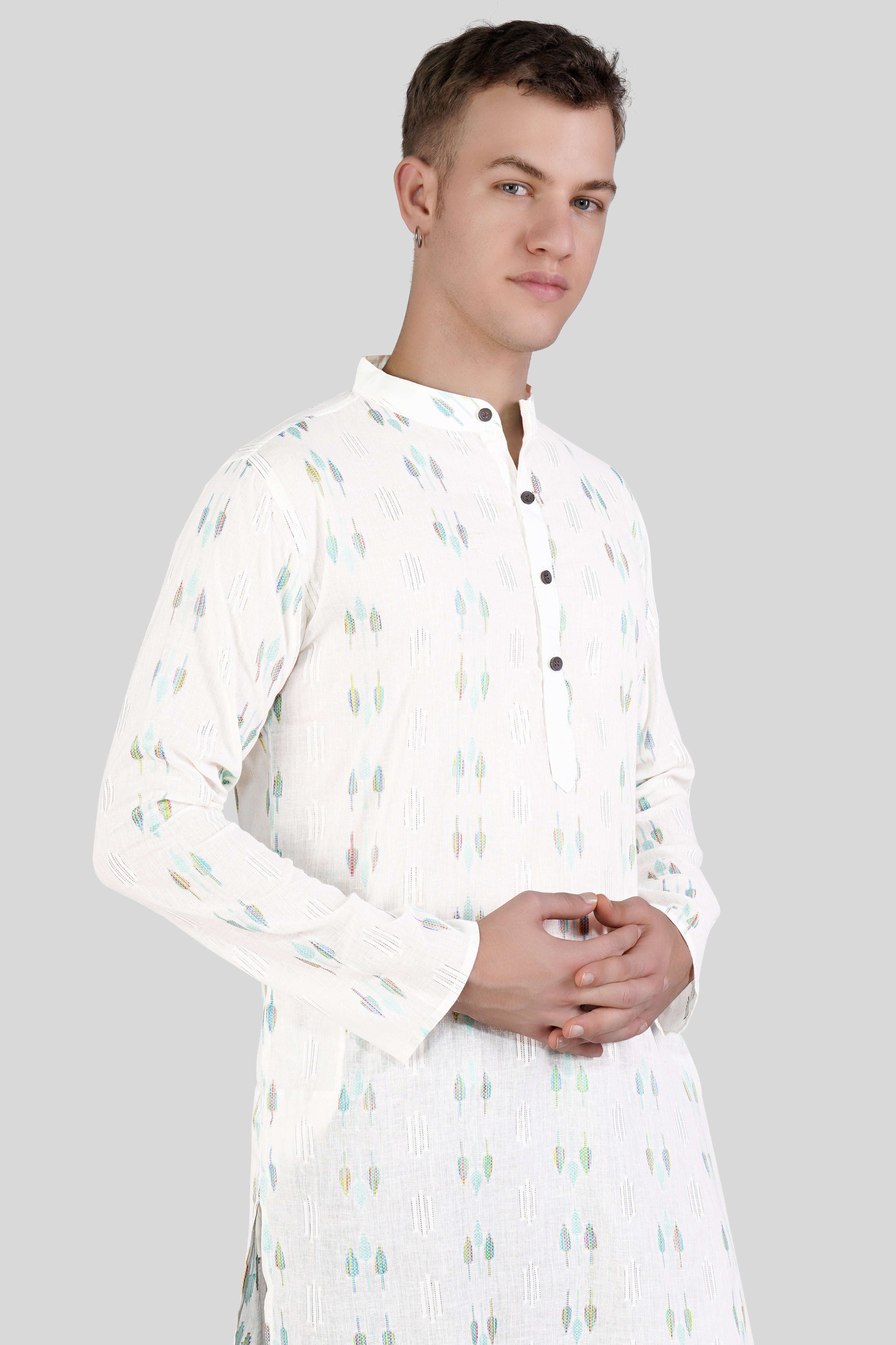 Bright White with colorful Leaves Jacquard Textured Premium Giza Cotton Kurta Set