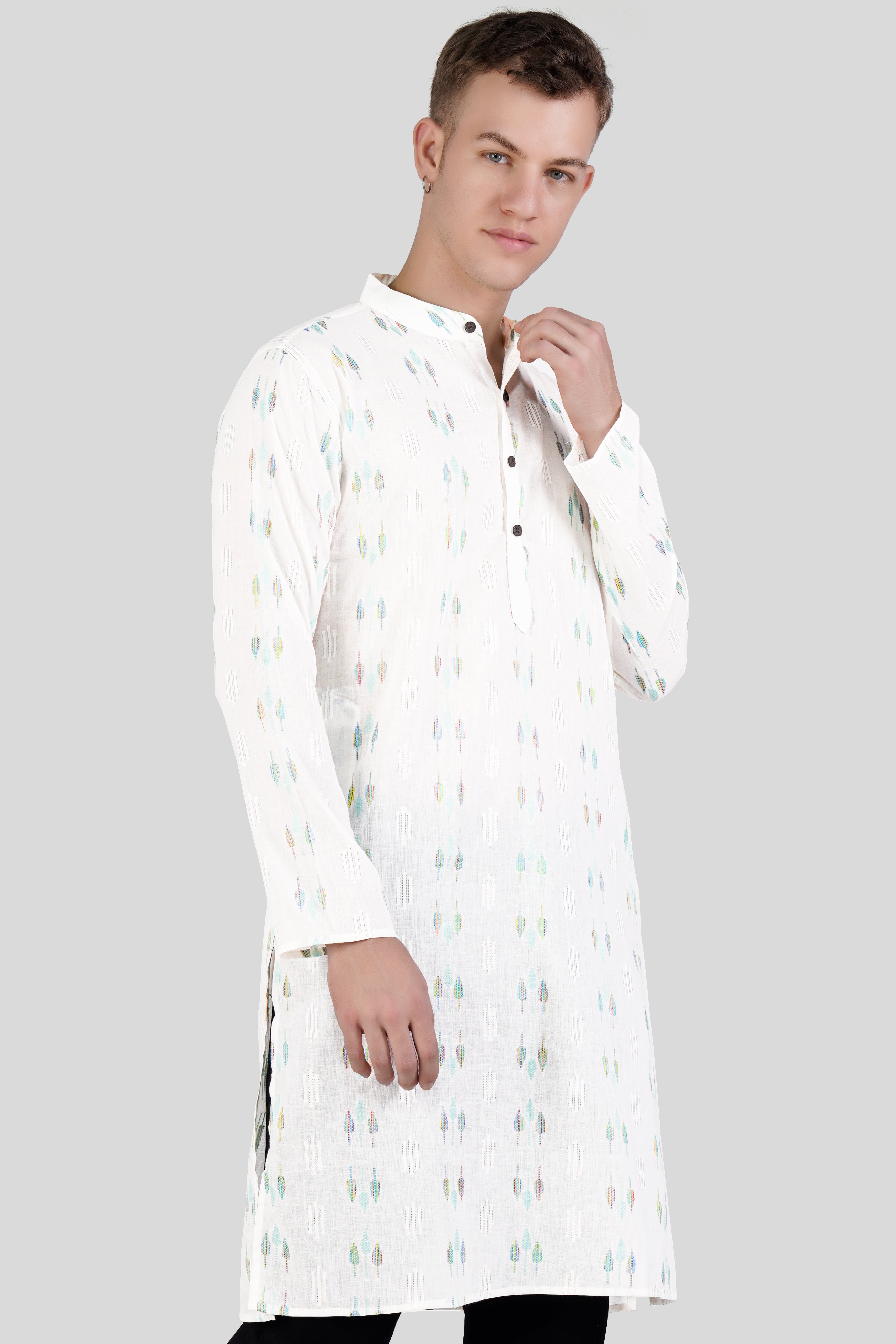 Bright White with colorful Leaves Jacquard Textured Premium Giza Cotton Kurta Set