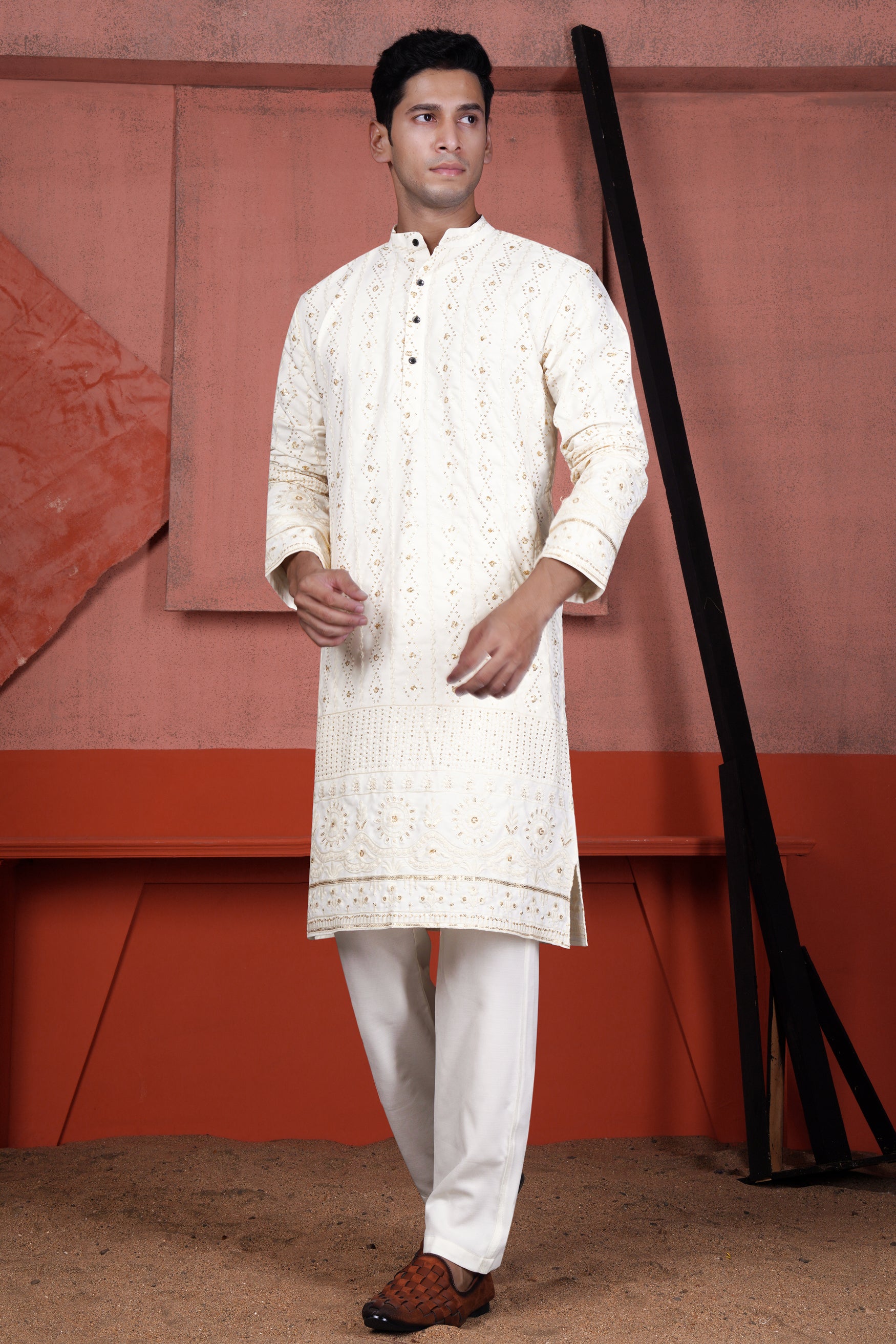 Ecru Cream Viscose Embroidered with Tikki Work Designer Kurta Set