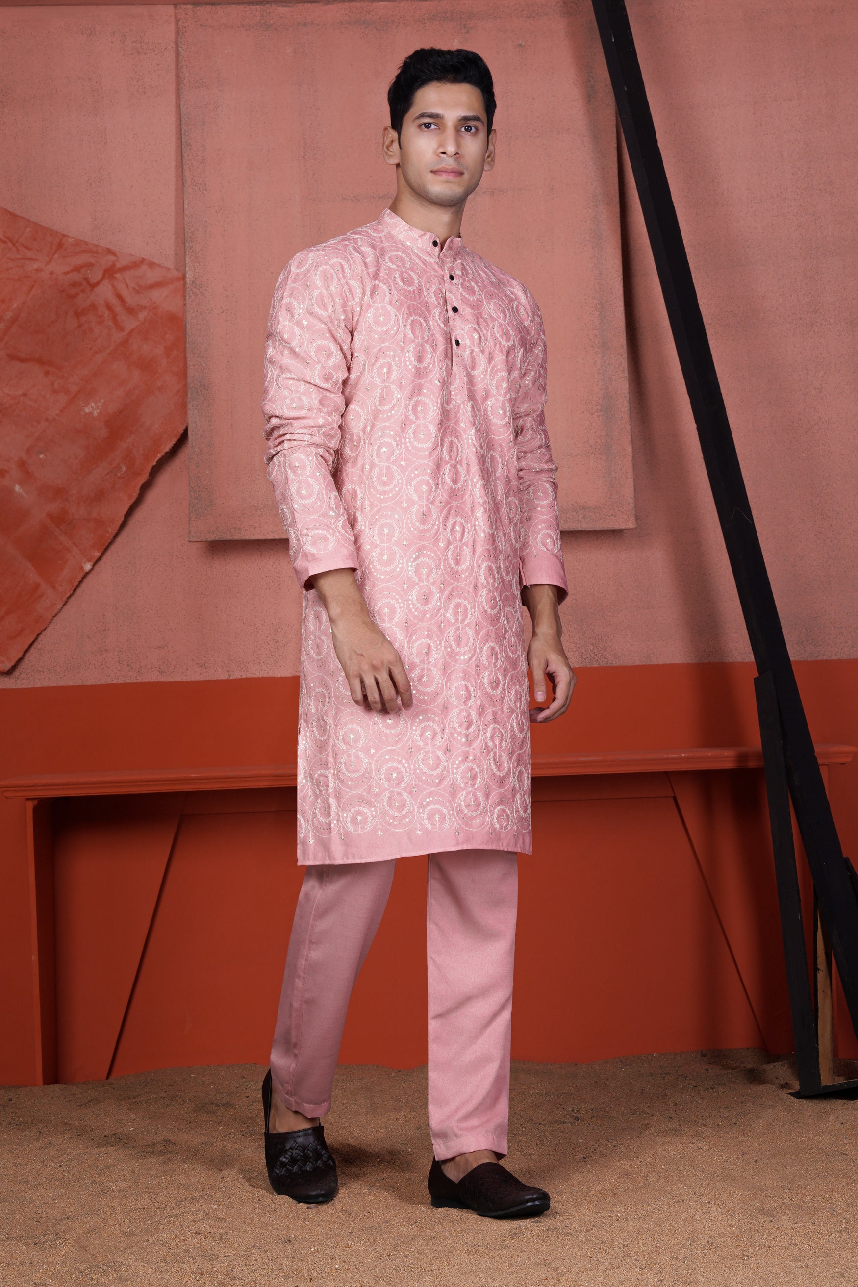 Careys Pink Circular Cotton Thread Embroidered Viscose Designer Kurta Set