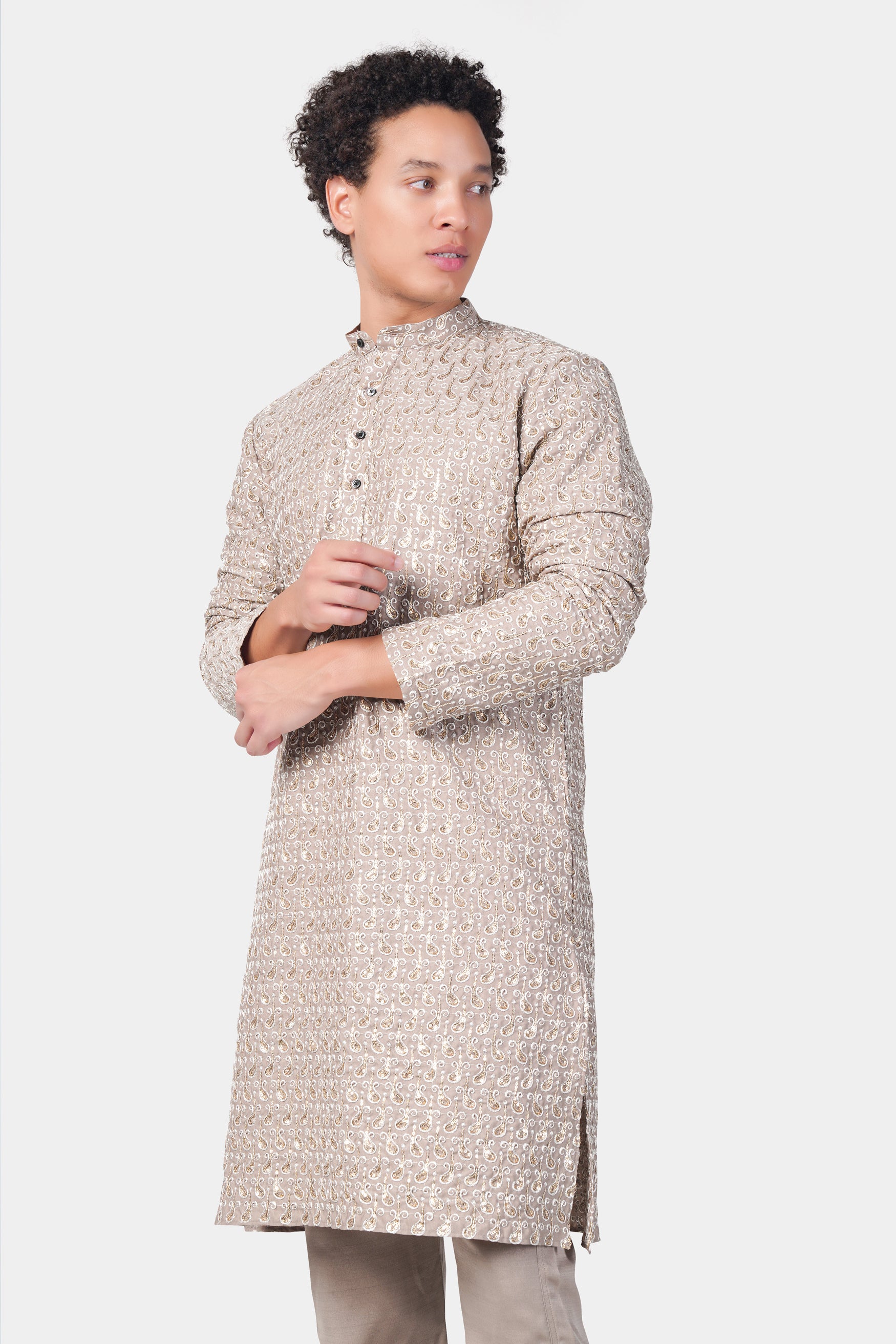 Foggy Brown Paisley Pattern Thread and Sequin Embroidered Subtle Sheen Viscose Designer Kurta Set