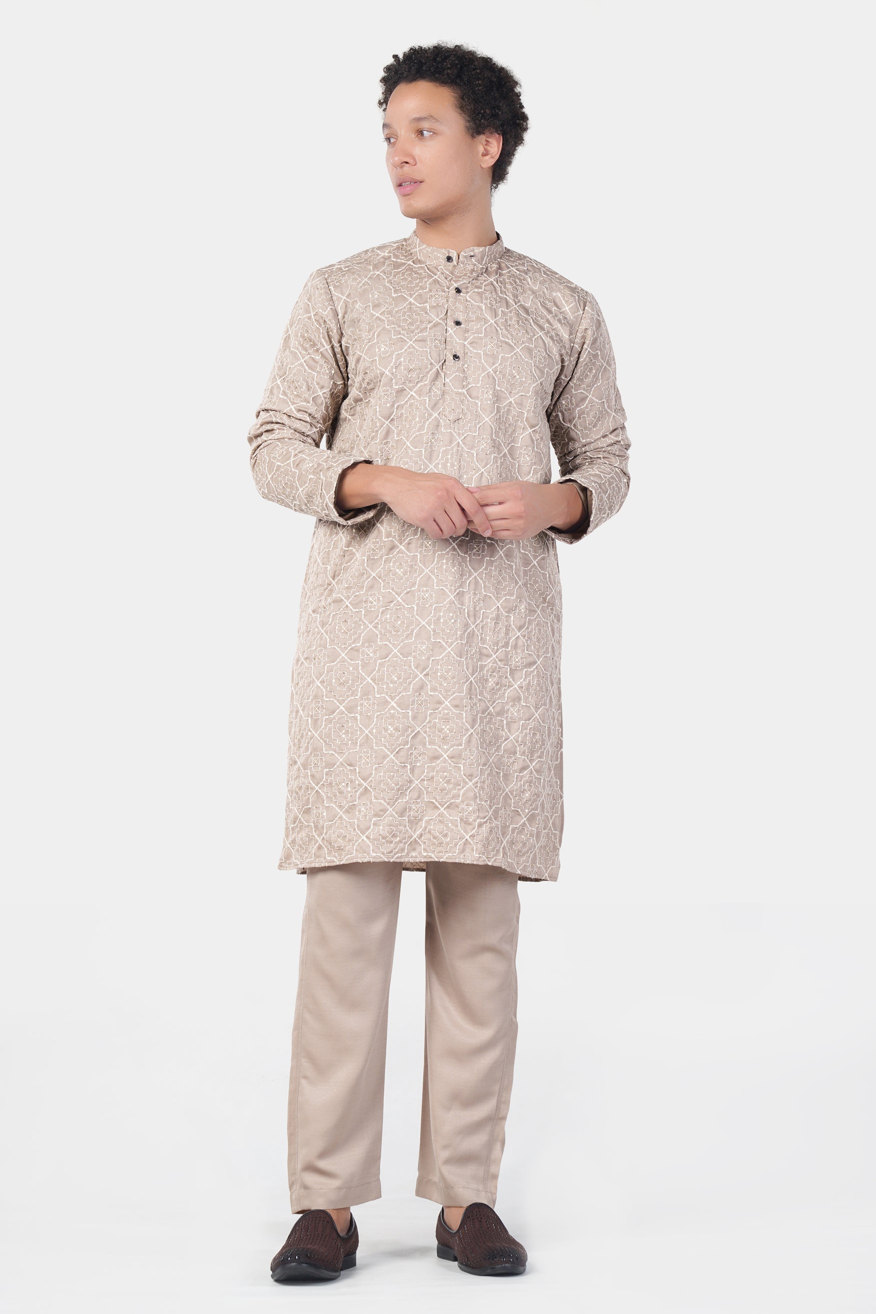 Chalice Brown and White Trellis Pattern Thread and Sequin Embroidered Subtle Sheen Viscose Designer Kurta Set