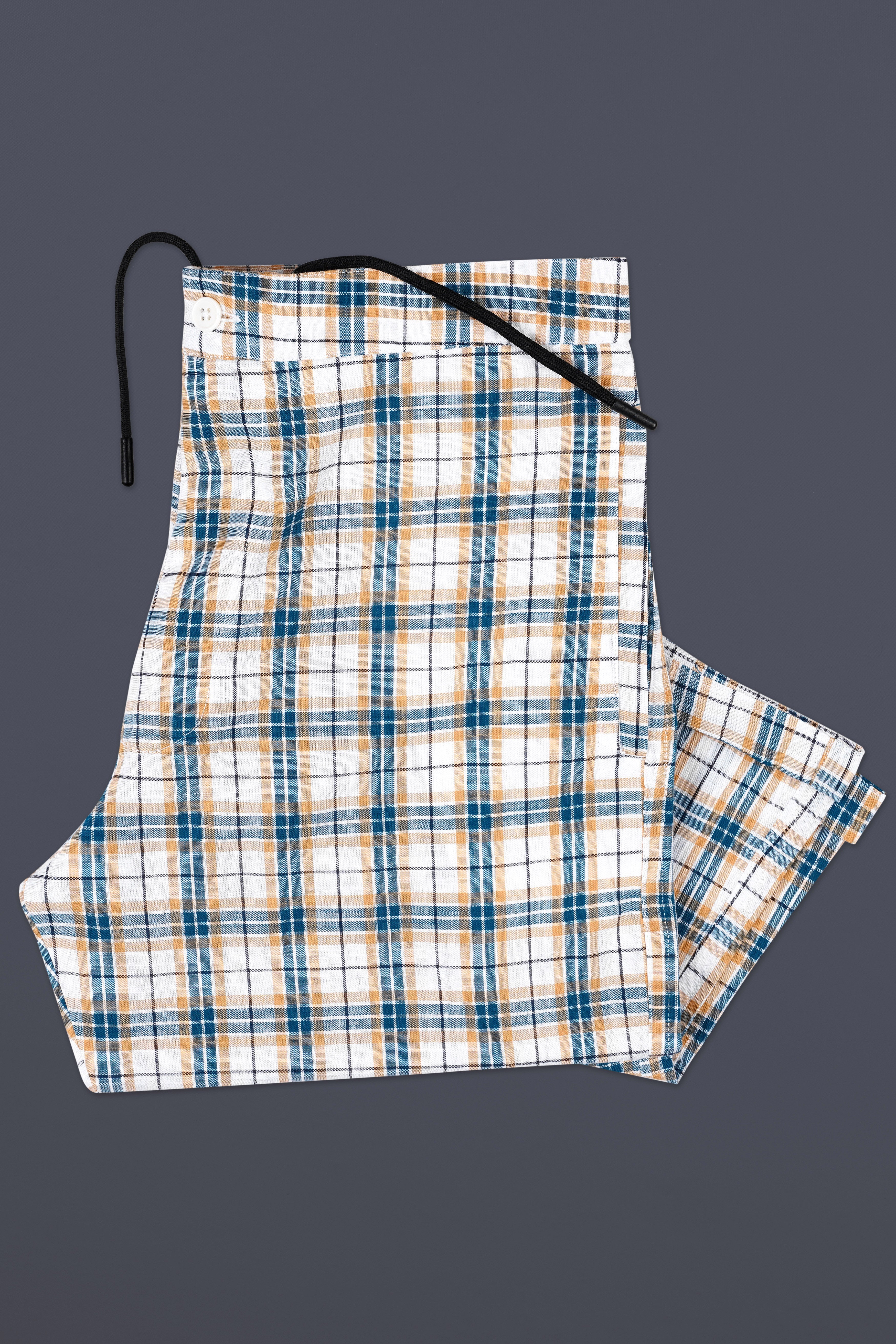 Bright White with Ocean Blue Plaid Luxurious Linen Lounge Pant