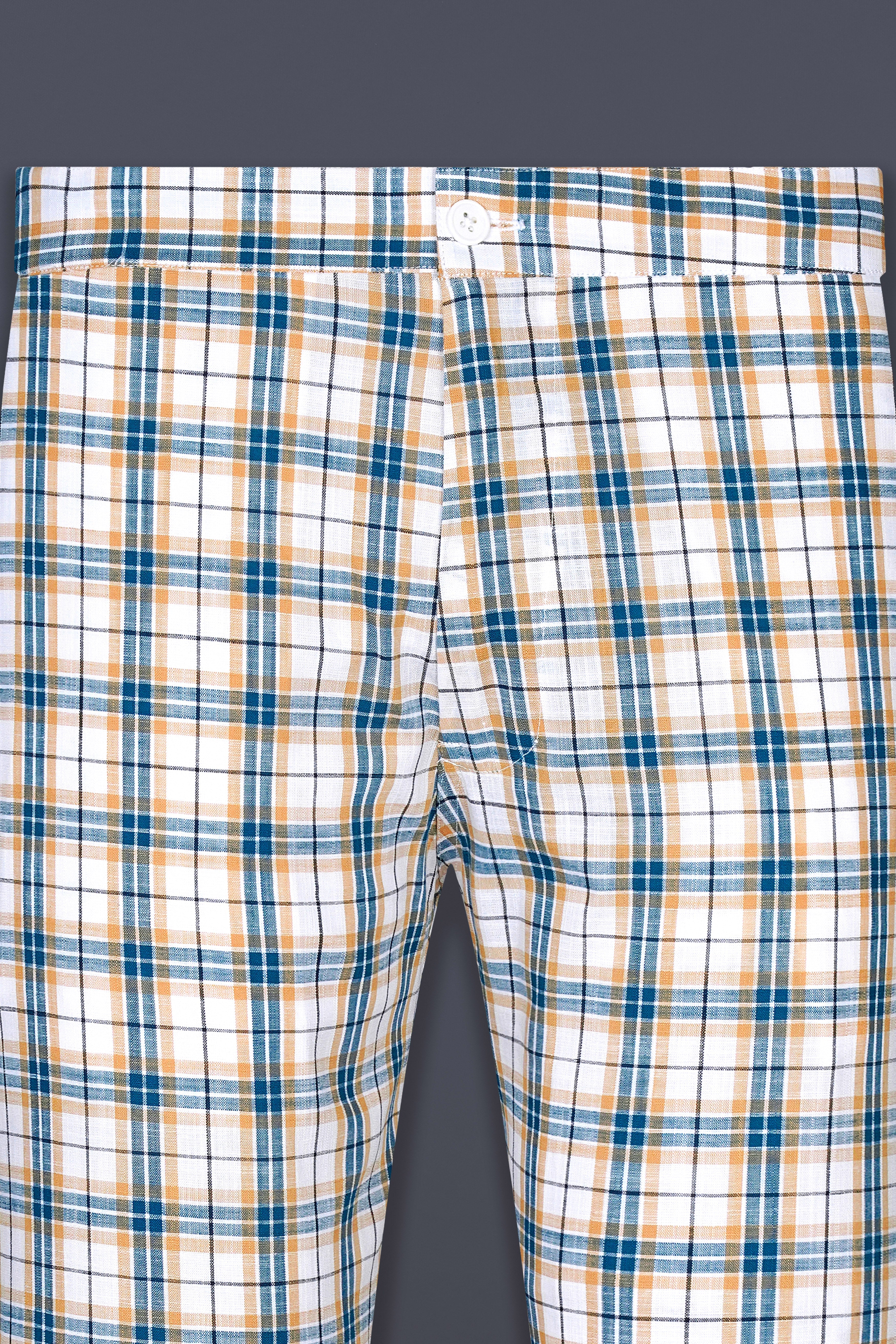 Bright White with Ocean Blue Plaid Luxurious Linen Lounge Pant
