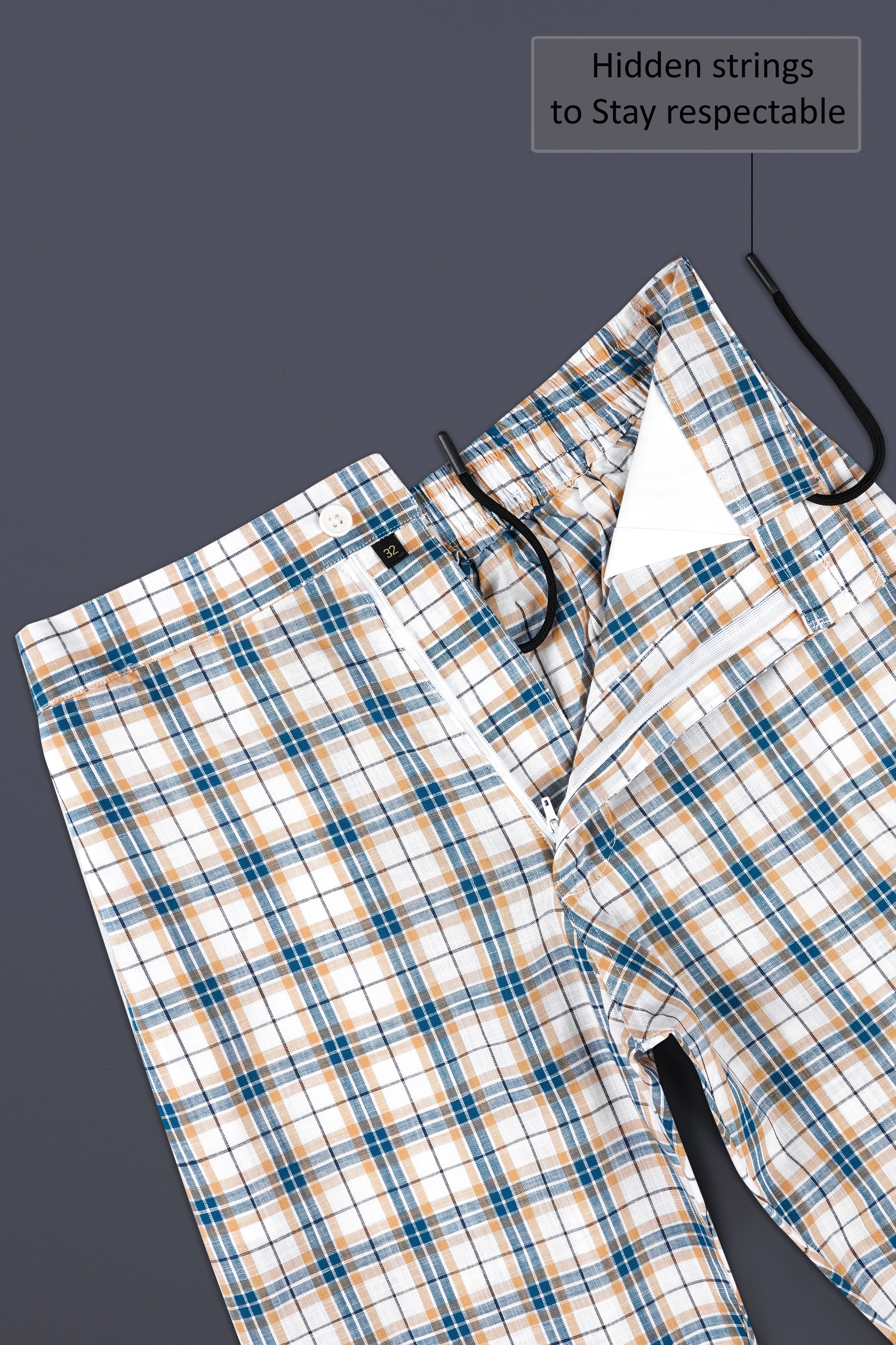 Bright White with Ocean Blue Plaid Luxurious Linen Lounge Pant