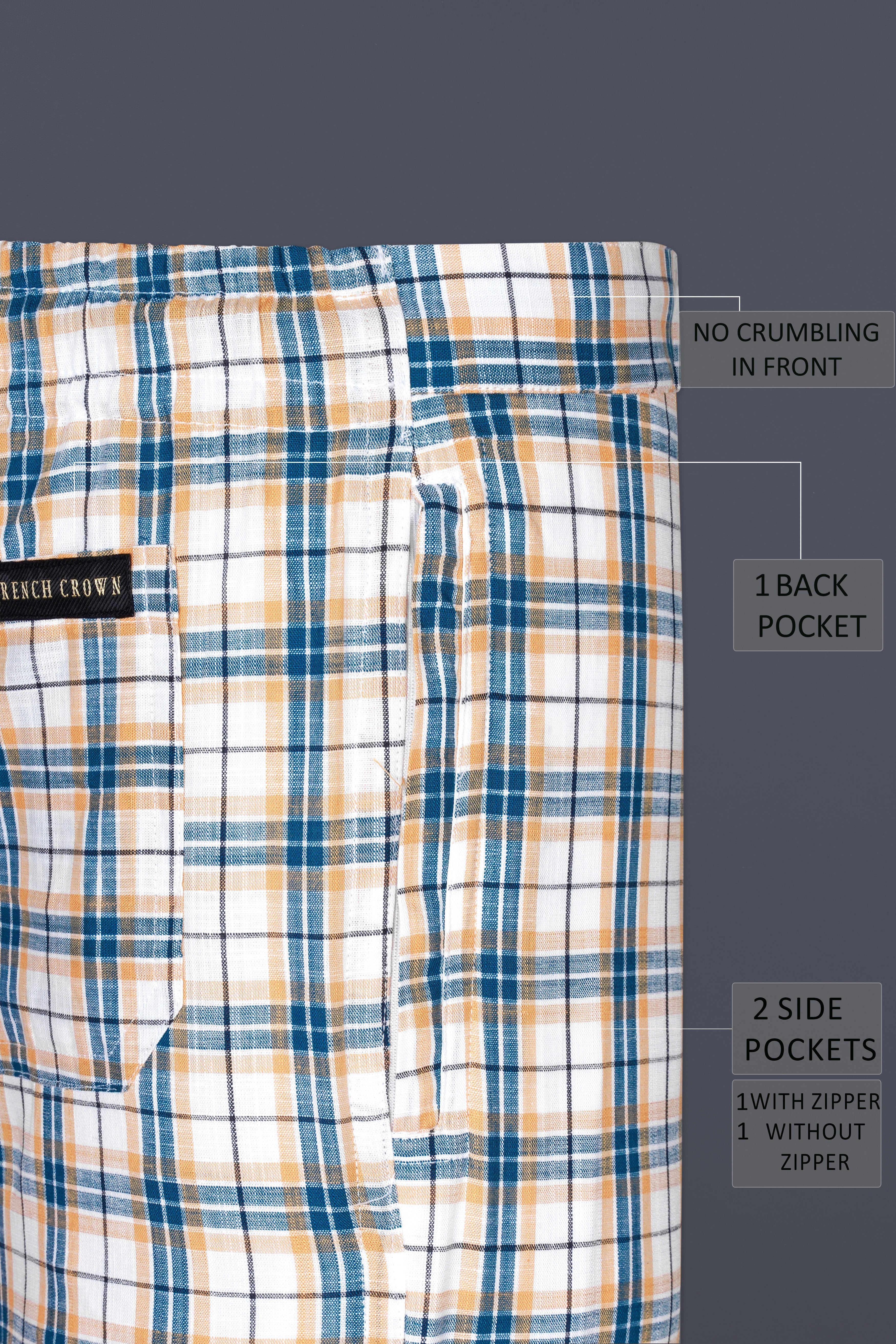 Bright White with Ocean Blue Plaid Luxurious Linen Lounge Pant