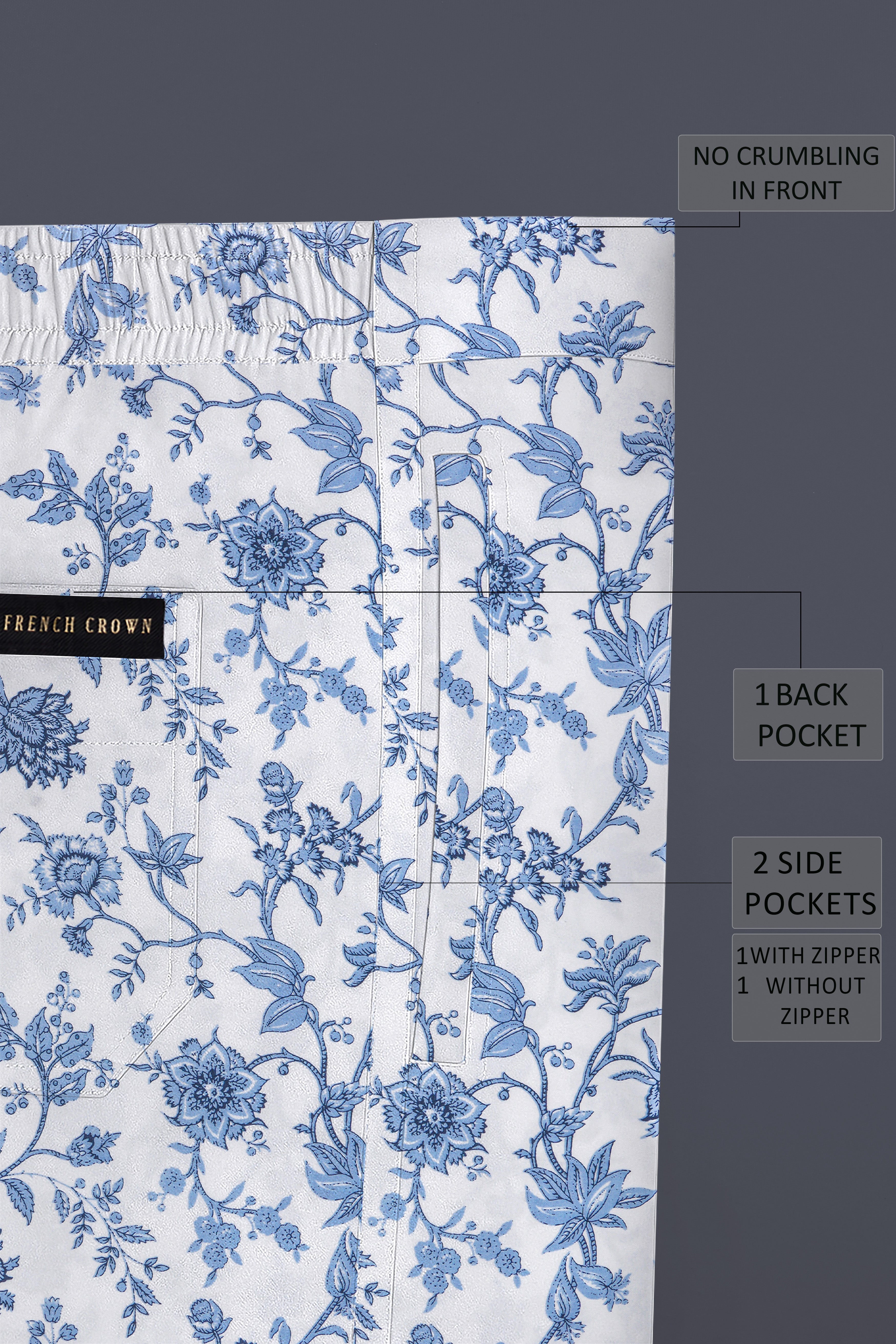 Florique-Bright White And Pastel Blue Floral Printed Subtle Sheen Super Soft Premium Cotton Lounge Pant