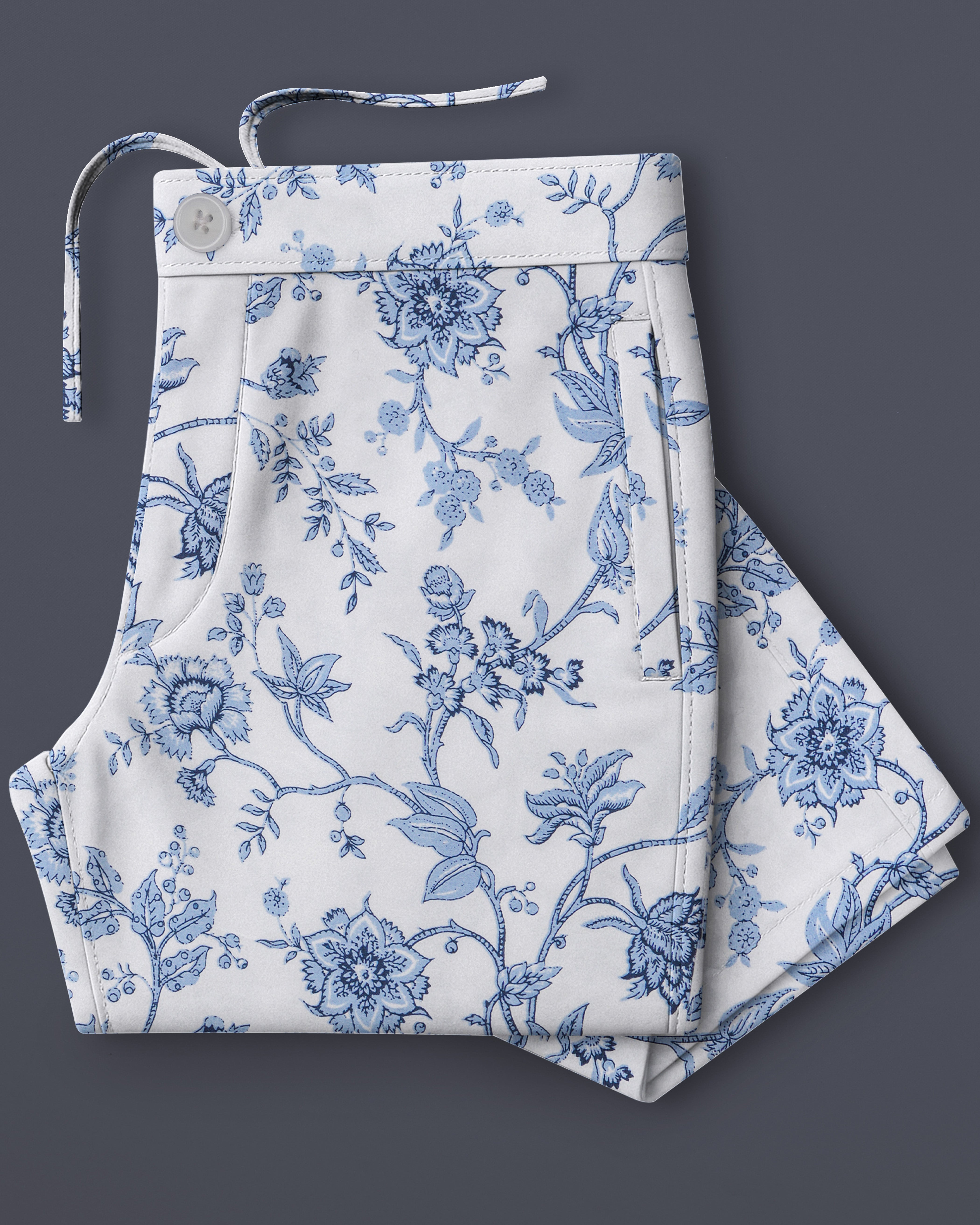 Florique-Bright White And Pastel Blue Floral Printed Subtle Sheen Super Soft Premium Cotton Lounge Pant