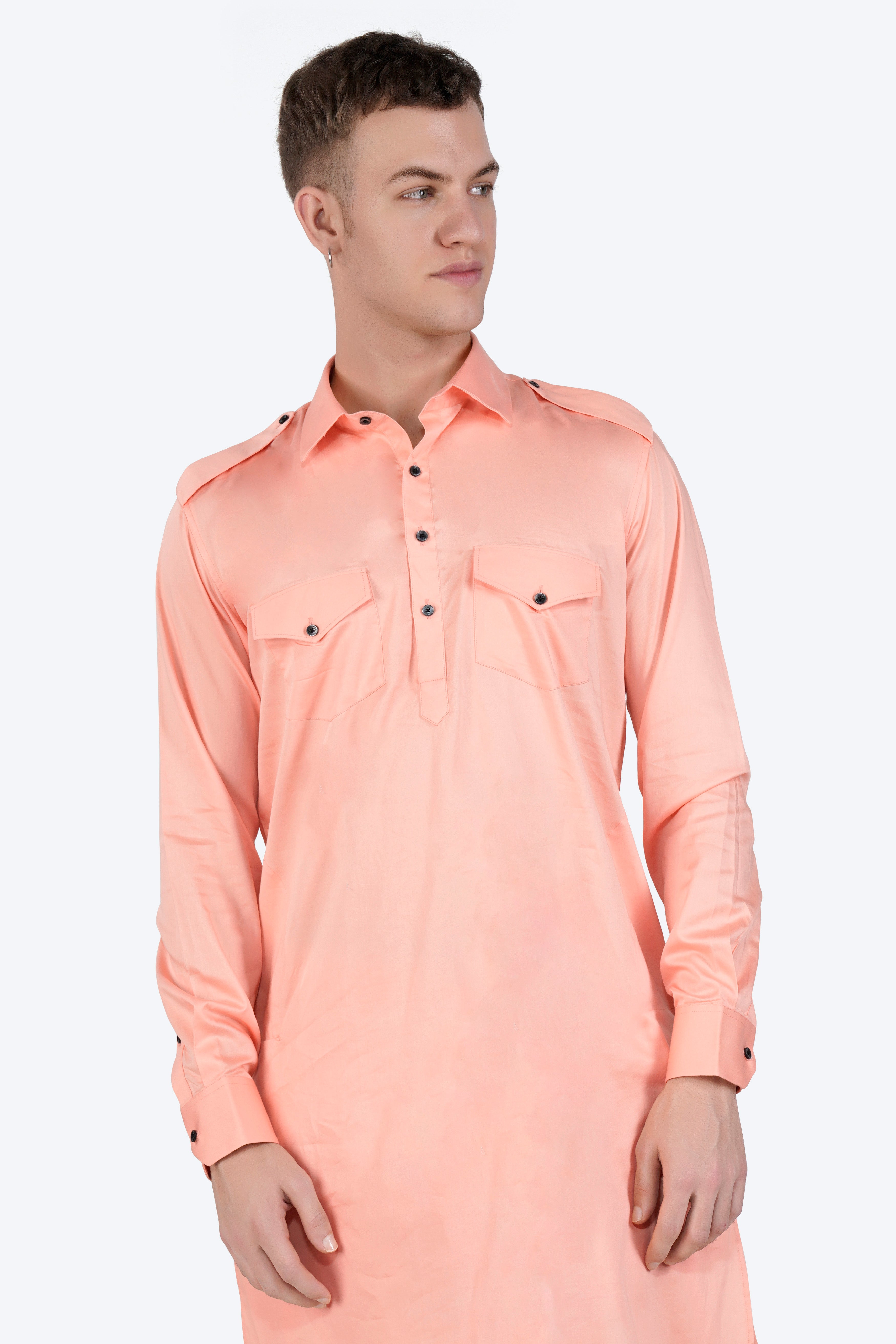 Melon Peach Subtle Sheen Super Soft Premium Cotton Pathani Set