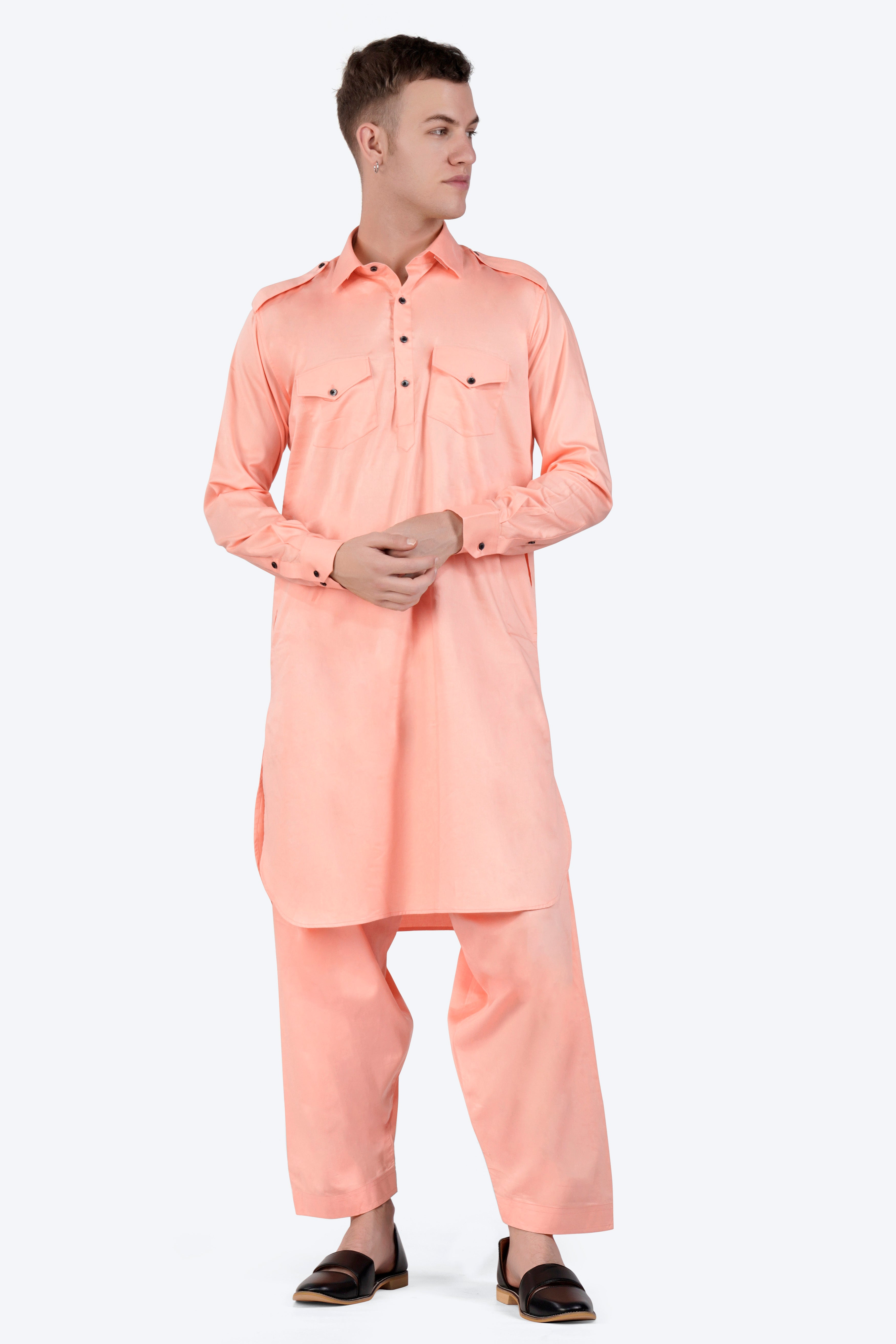 Melon Peach Subtle Sheen Super Soft Premium Cotton Pathani Set