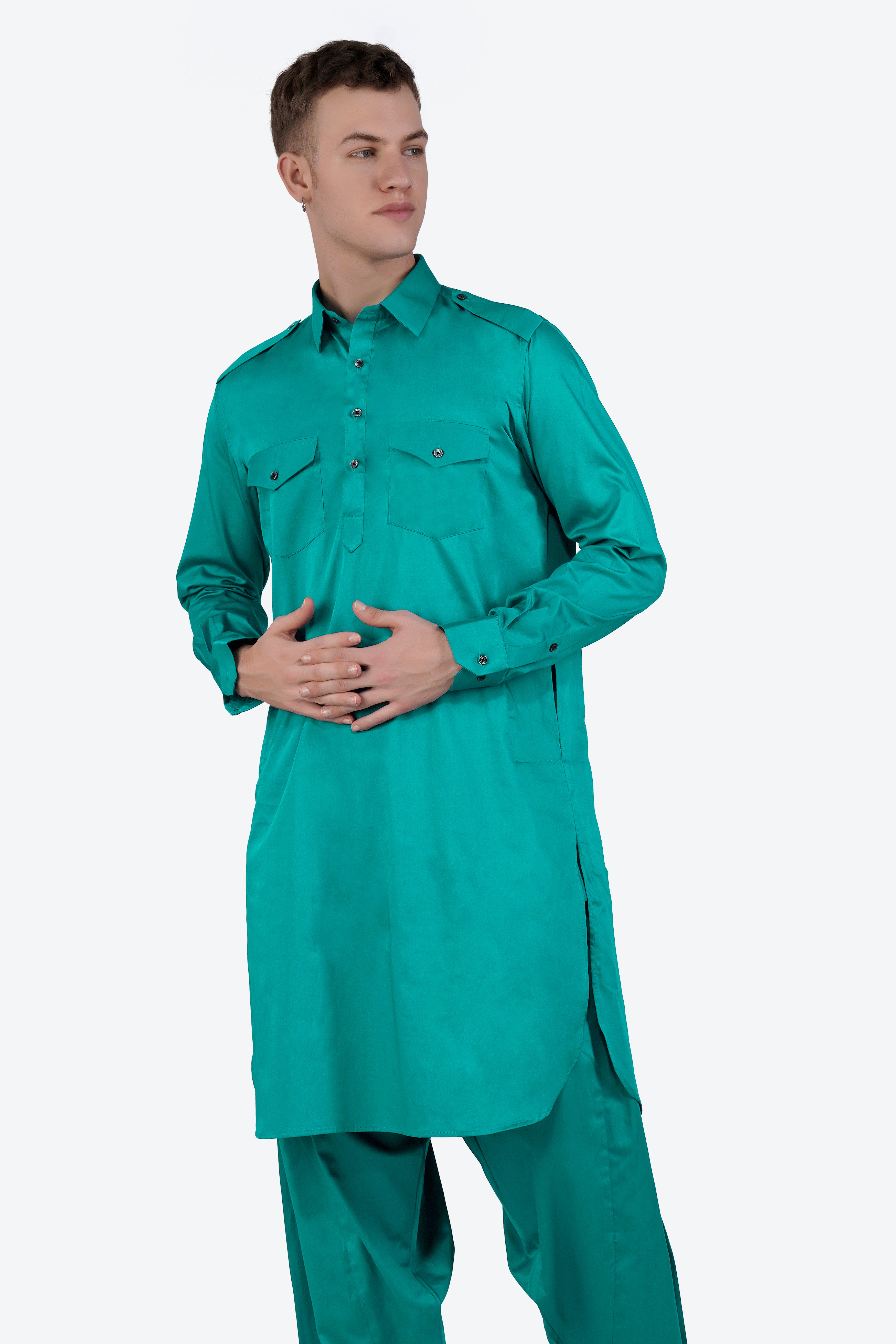 Teal Blue Subtle Sheen Super Soft Premium Cotton Pathani Set