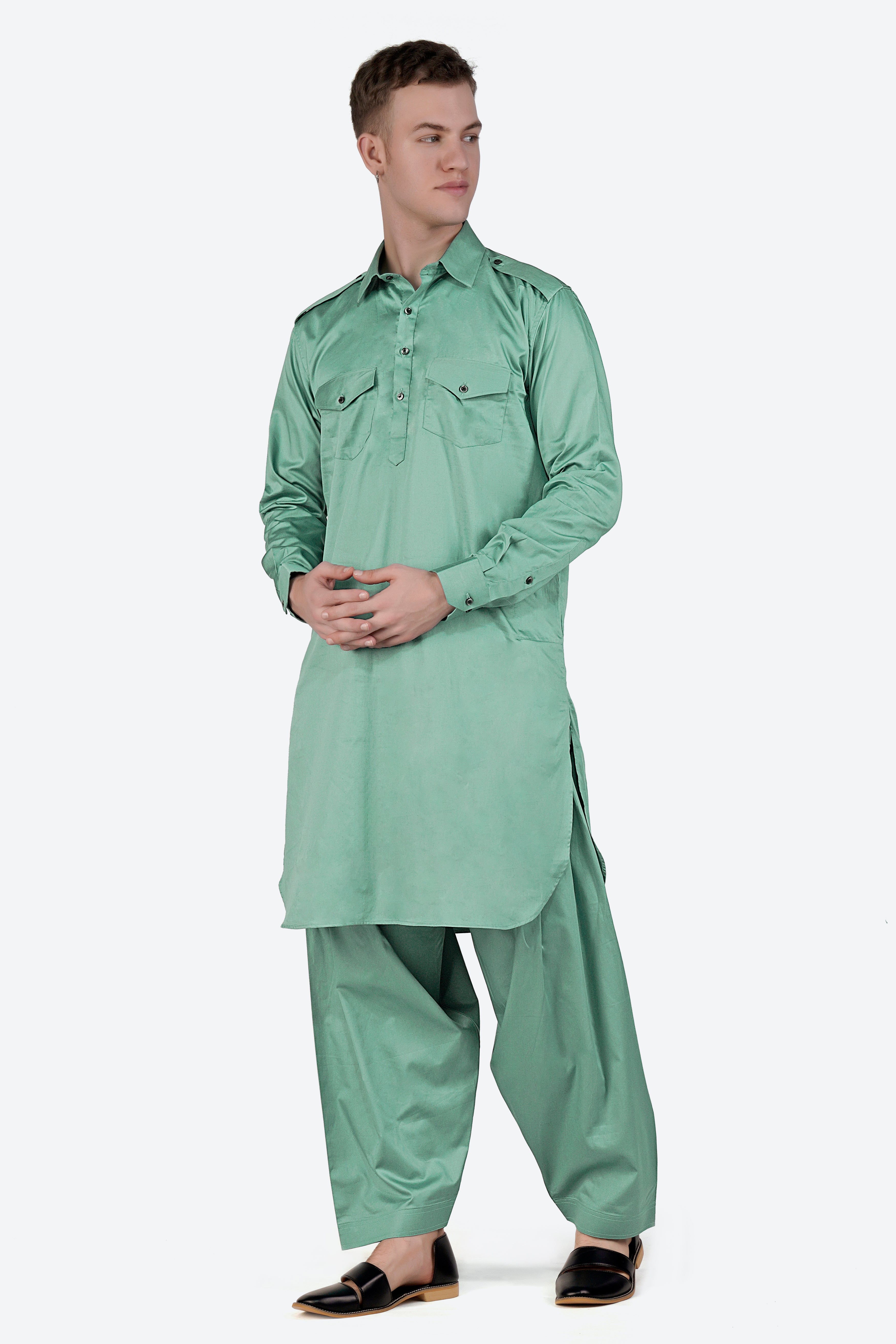 Patina Green Subtle Sheen Super Soft Premium Cotton Pathani Set