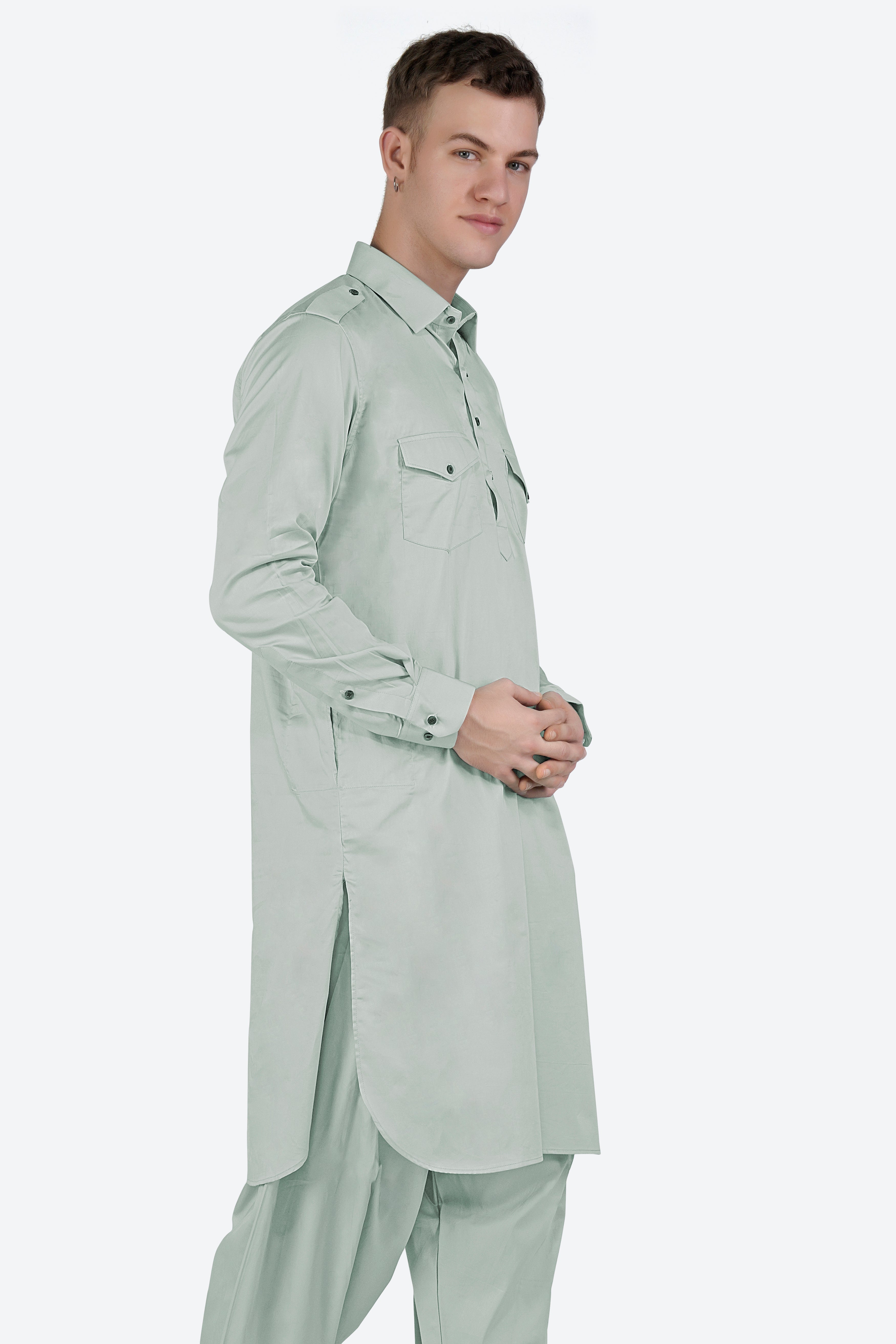 Periglacial Green Subtle Sheen Super Soft Premium Cotton Pathani Set