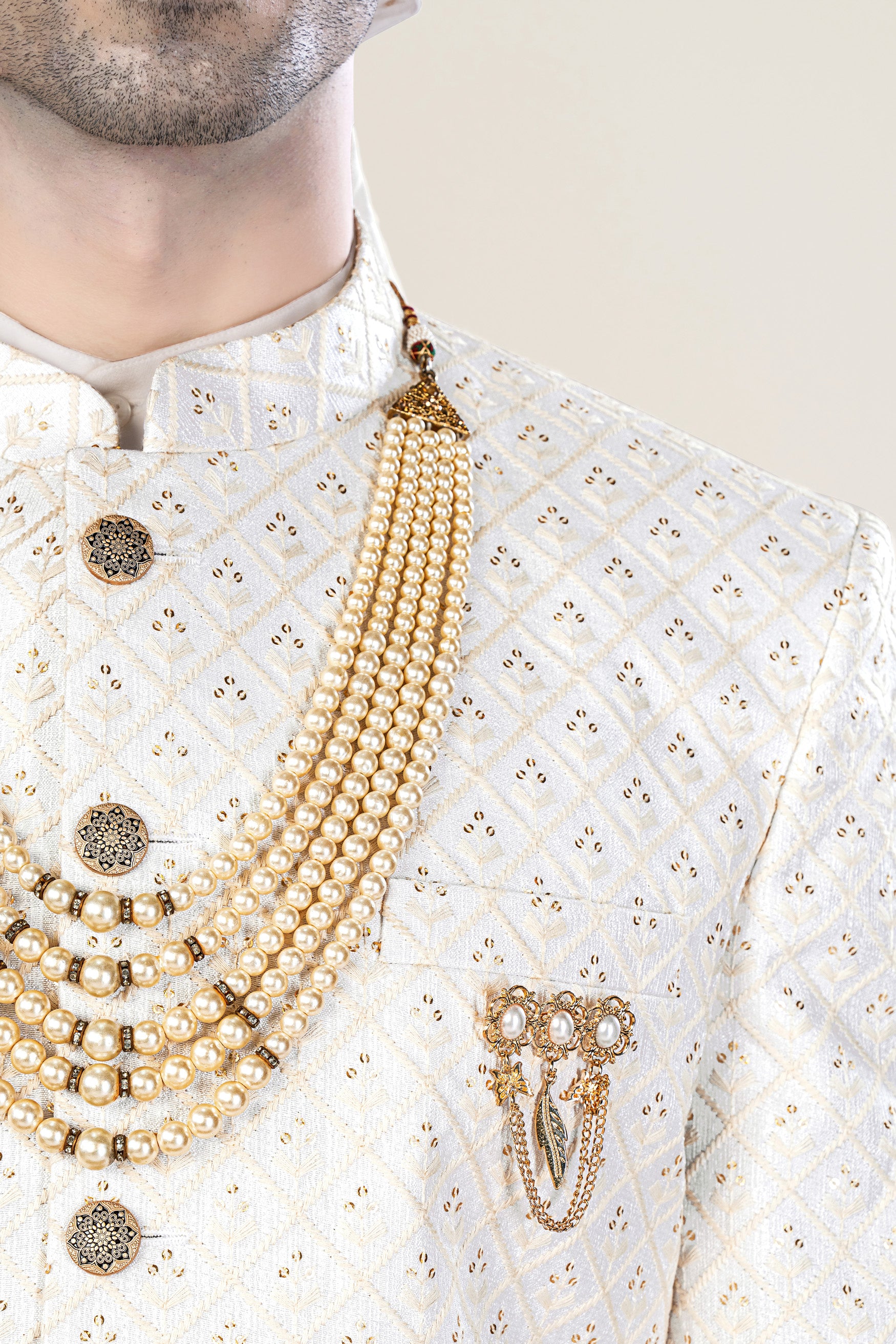 Bright White and Bone Beige Geometric Thread and Sequin Embroidered Jodhpuri