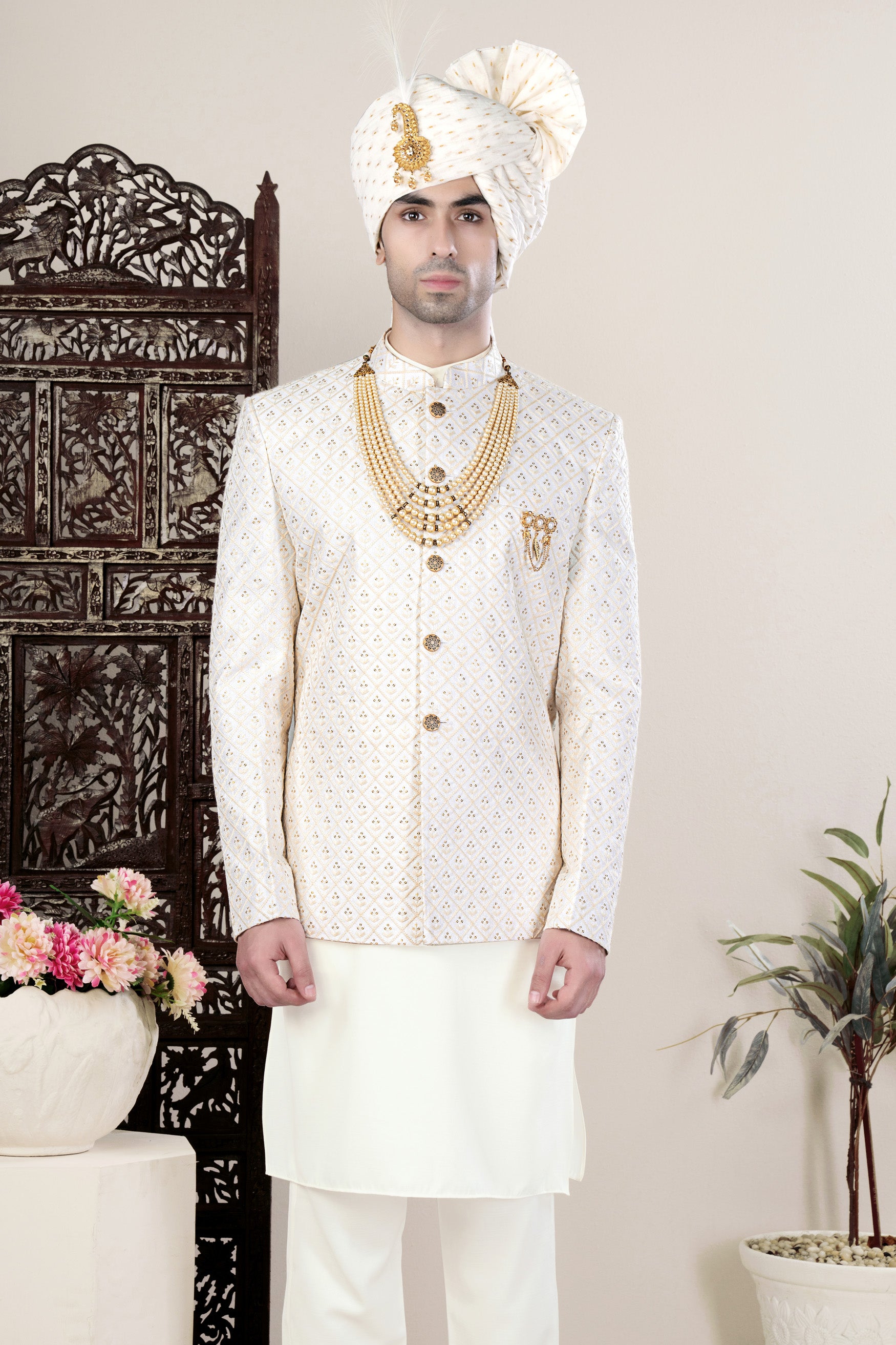Bright White and Bone Beige Geometric Thread and Sequin Embroidered Jodhpuri