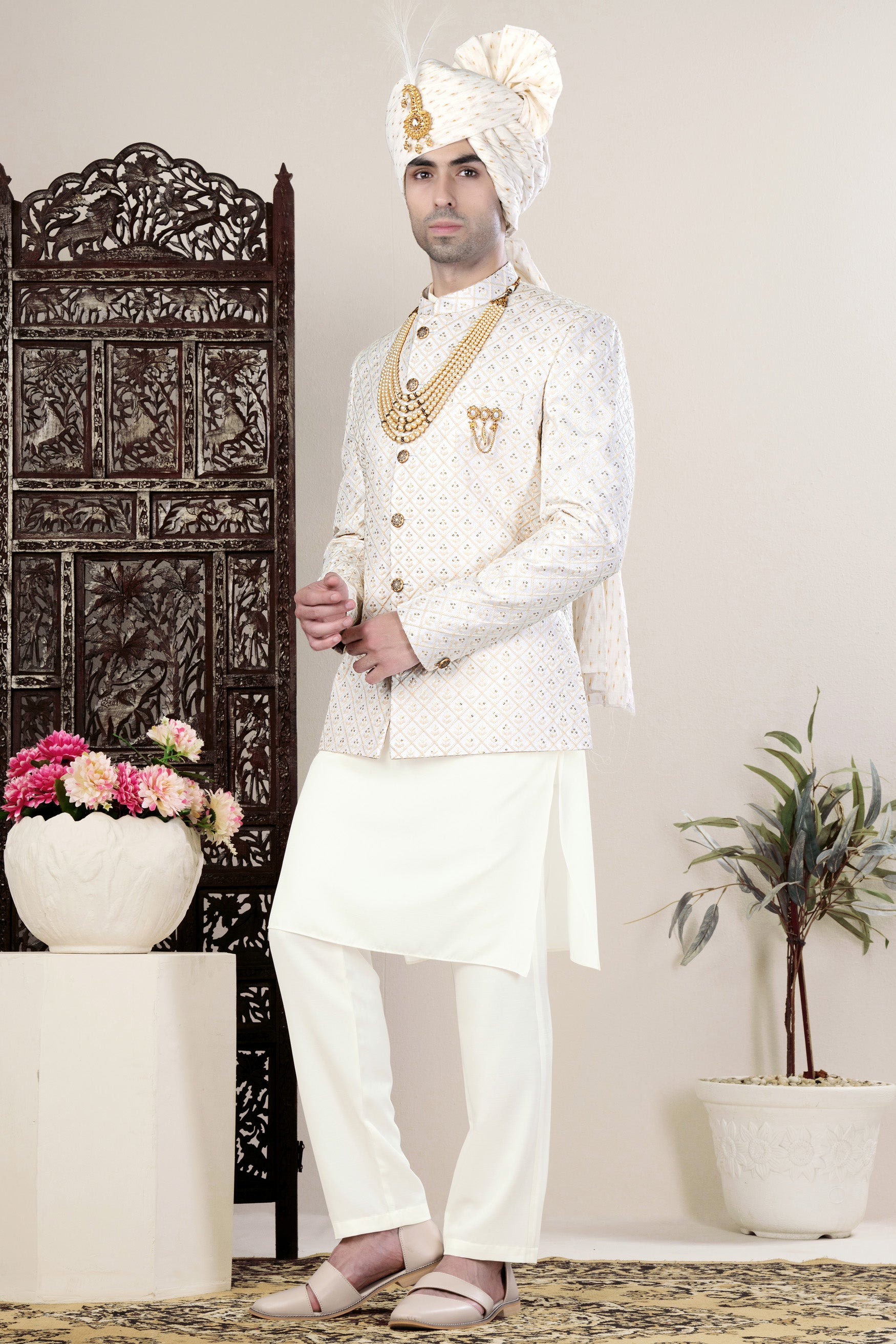 Bright White and Bone Beige Geometric Thread and Sequin Embroidered Jodhpuri
