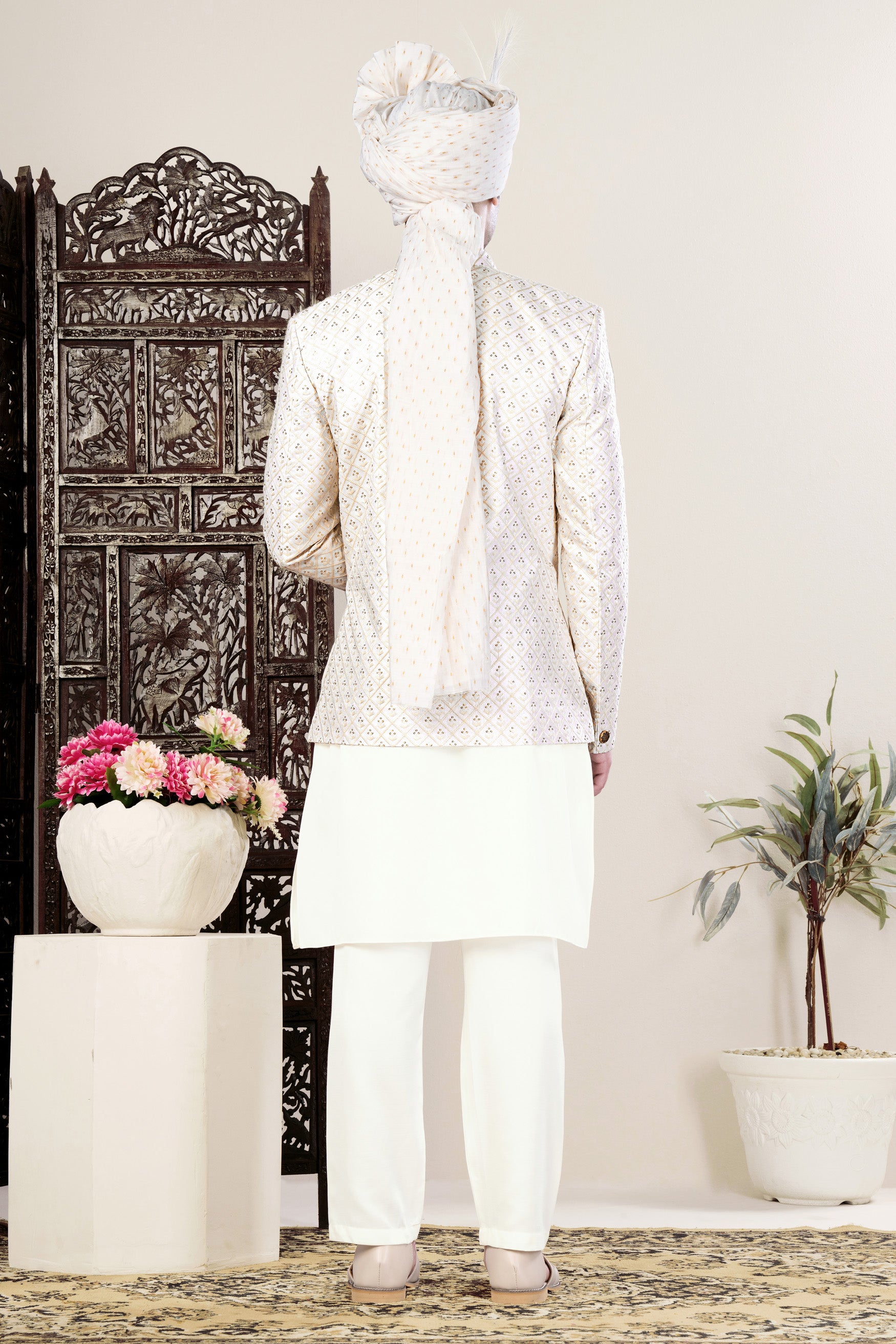 Bright White and Bone Beige Geometric Thread and Sequin Embroidered Jodhpuri