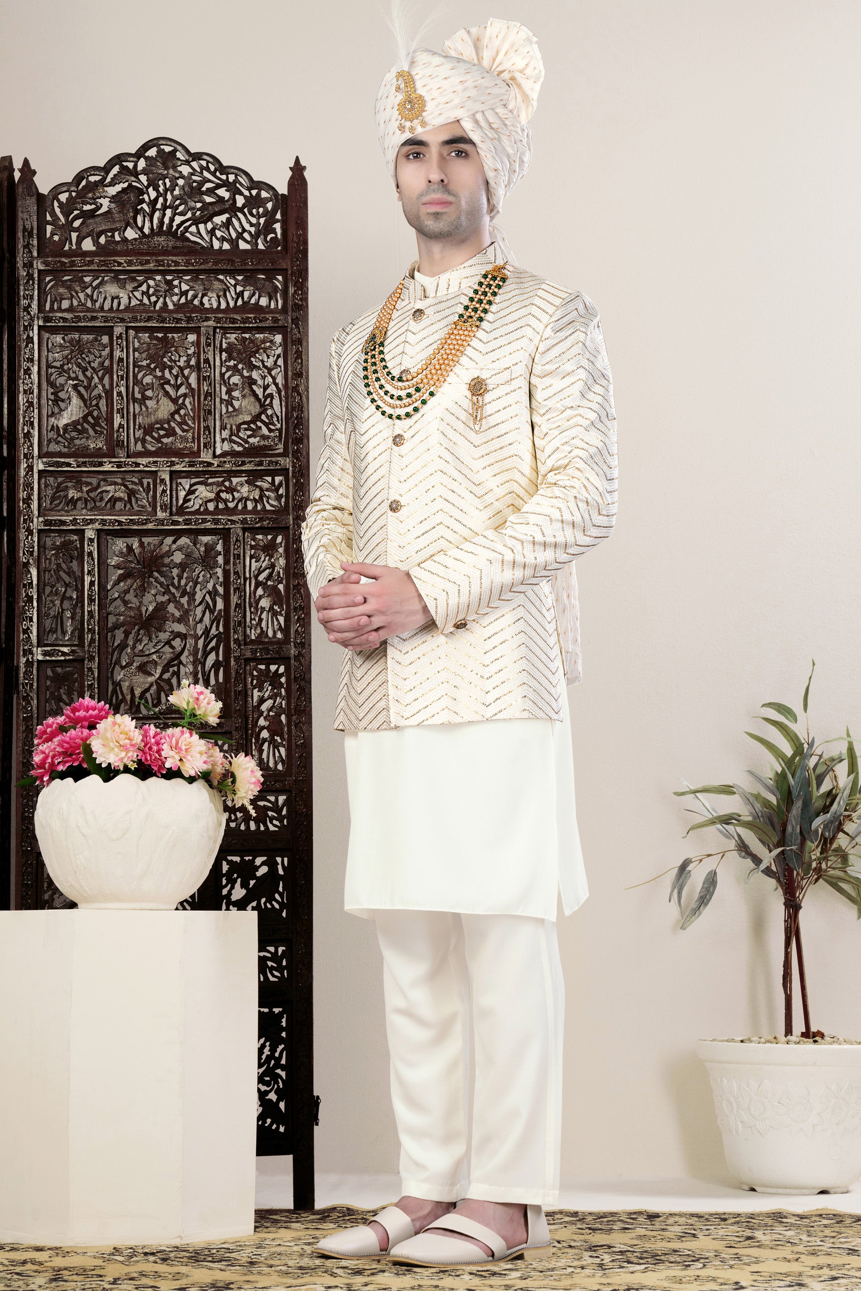 Albescent Cream Chevron Sequin Embroidered Jodhpuri