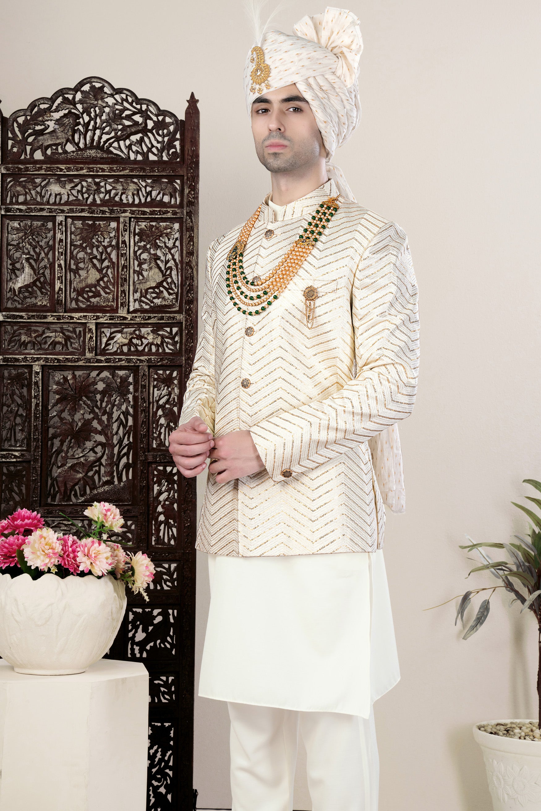 Albescent Cream Chevron Sequin Embroidered Jodhpuri