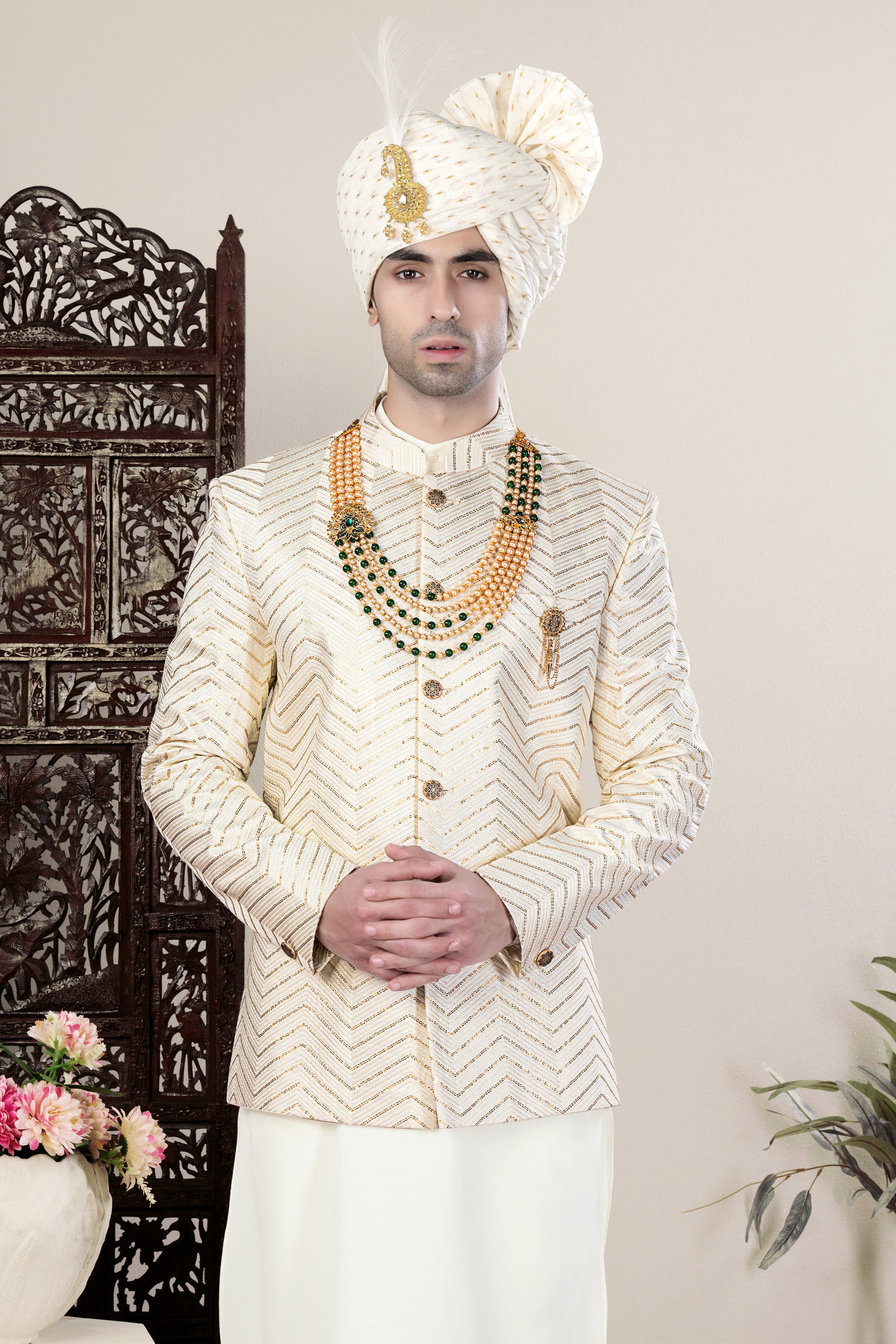 Albescent Cream Chevron Sequin Embroidered Jodhpuri