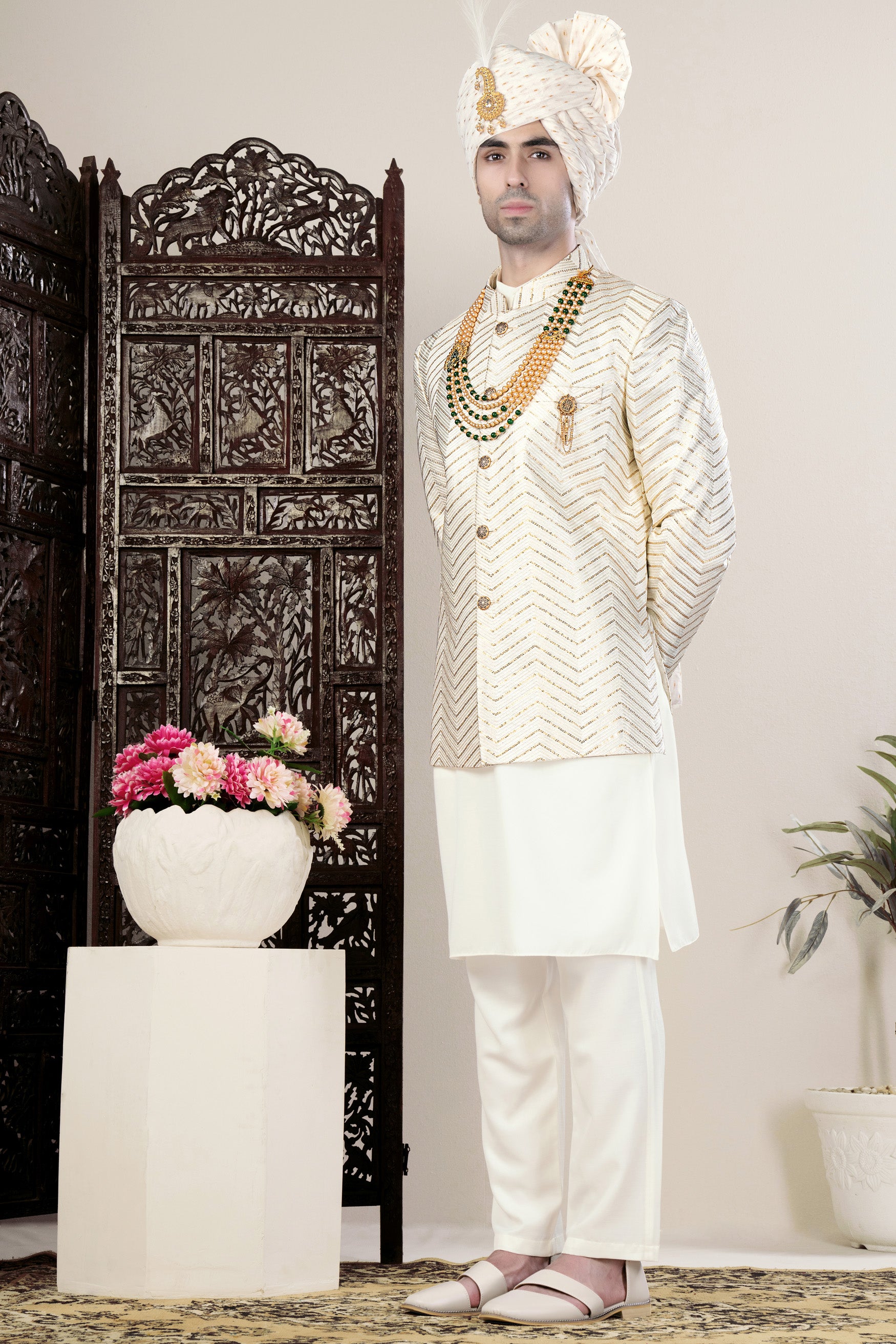 Albescent Cream Chevron Sequin Embroidered Jodhpuri